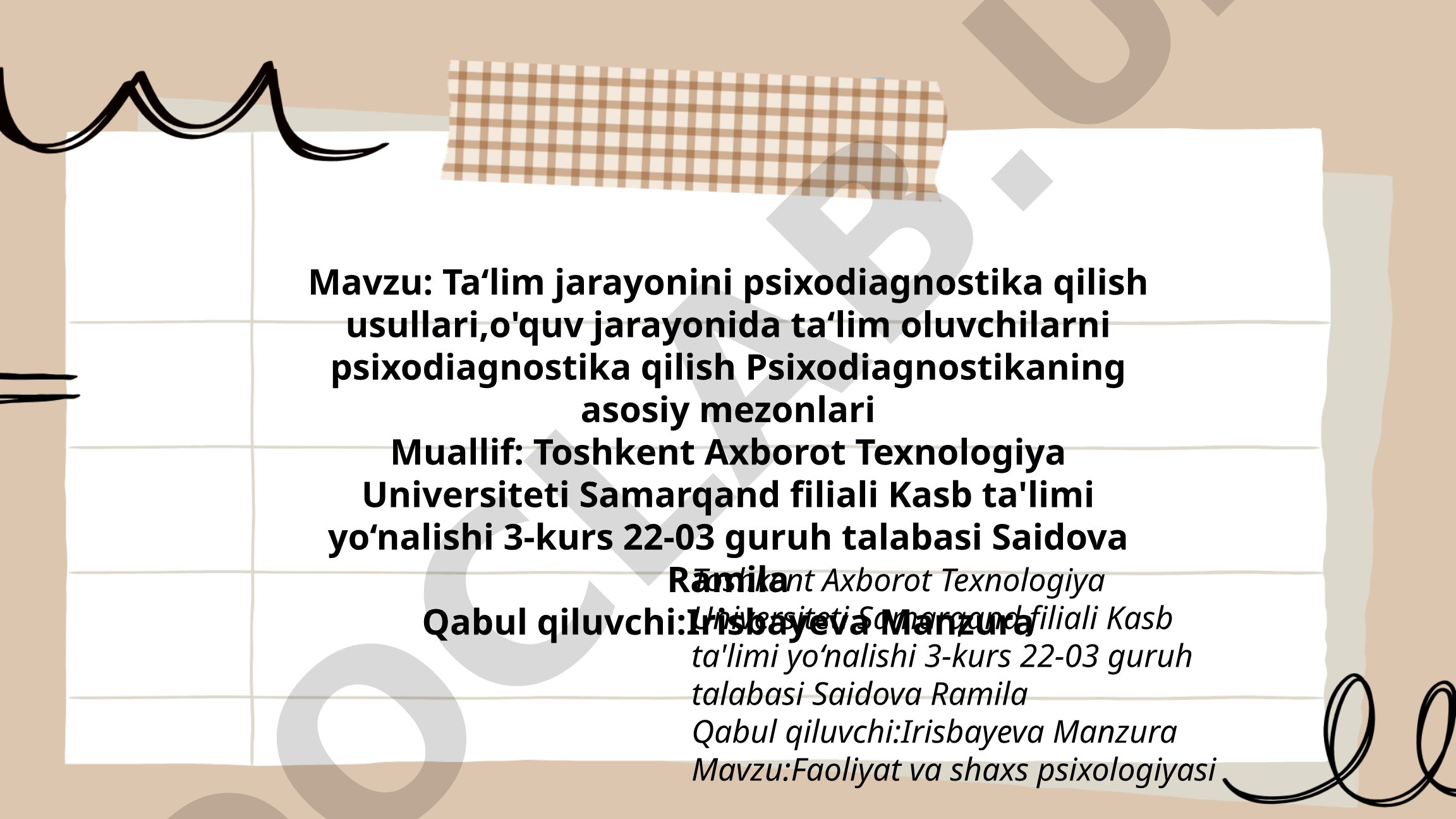Ta'lim jarayonini psixodiagnostika qilish usullari