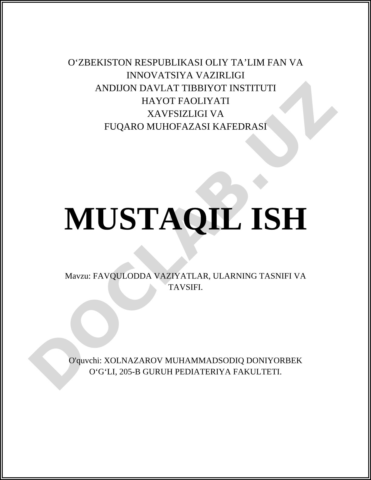 Favqulodda vaziyatlar, ularning tasnifi va tavsifi