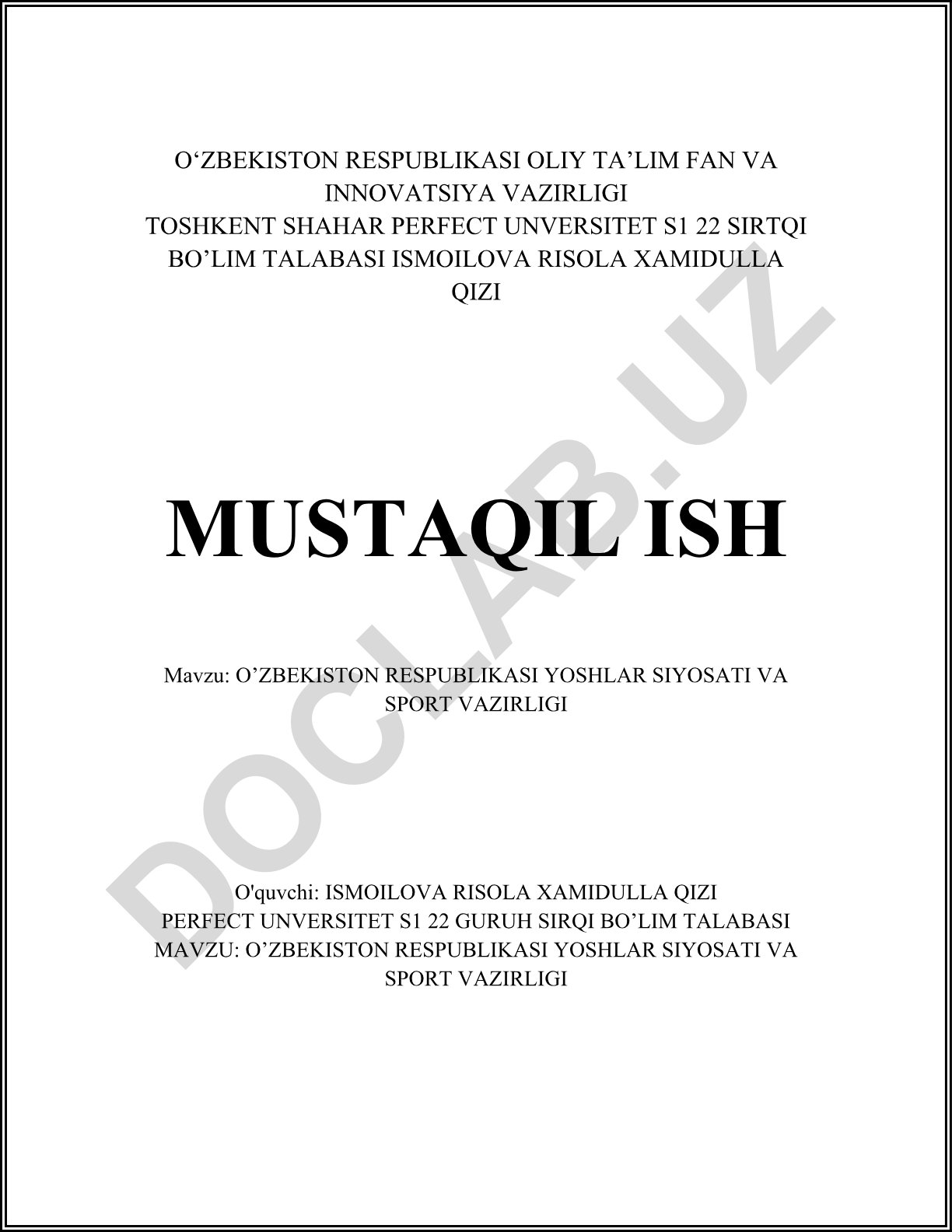 O'zbekiston Respublikasi yoshlar siyosati va sport vazirligi