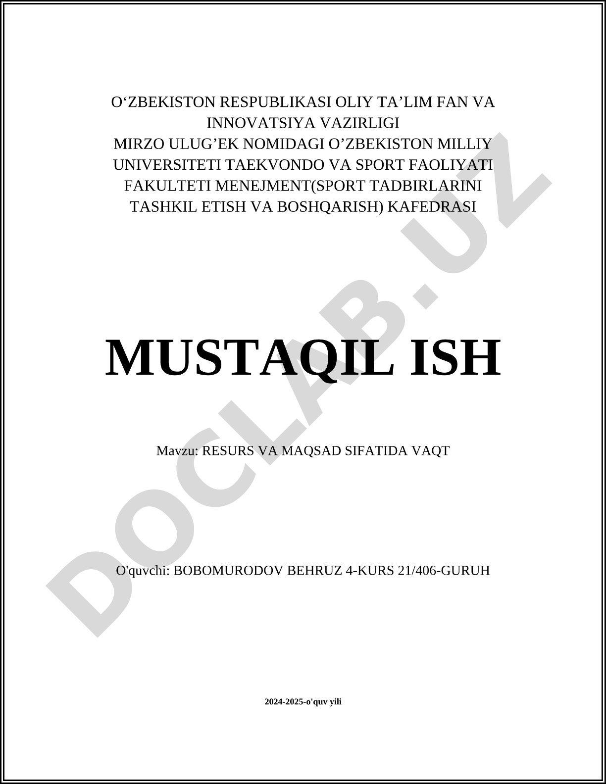RESURS VA MAQSAD SIFATIDA VAQT