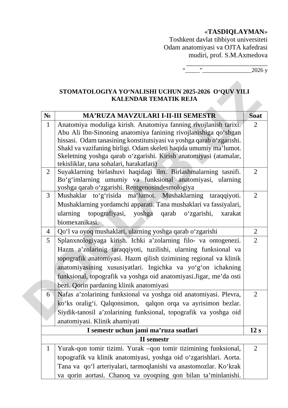 Stomatologiya yo'nalishi uchun anatomiya fanining kalendar tematik rejasi