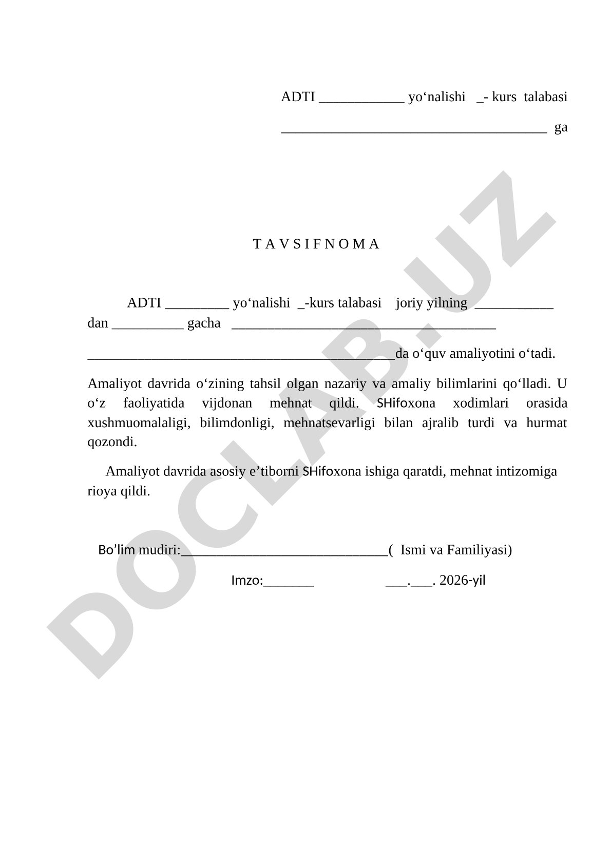 O‘quv amaliyoti tavsifnomasi