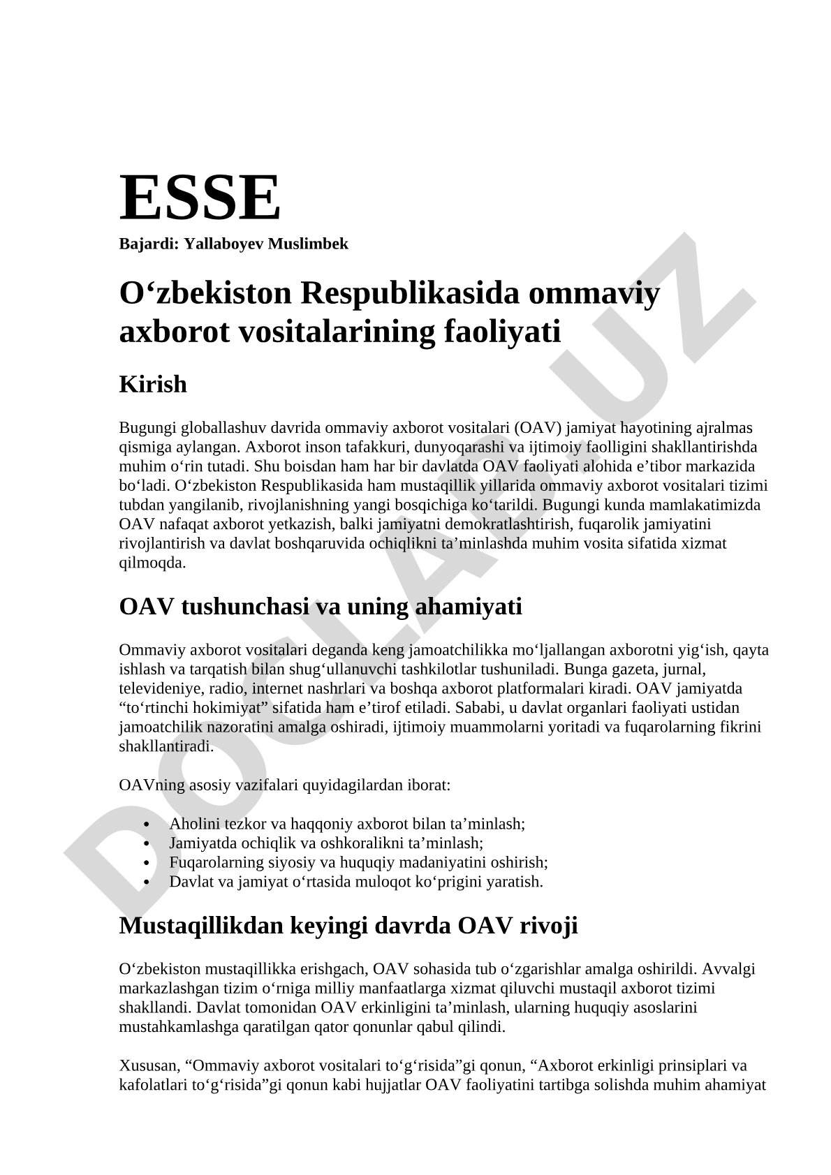 Oʻzbekiston Respublikasida ommaviy axborot vositalarining faoliyati