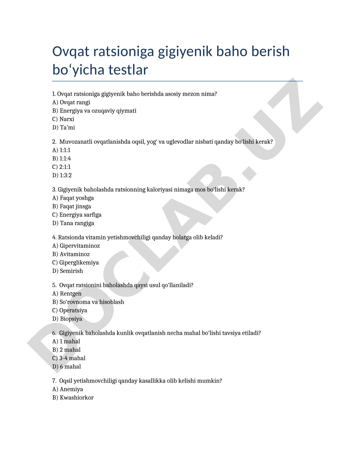 Ovqat ratsioniga gigiyenik baho berish bo'yicha testlar