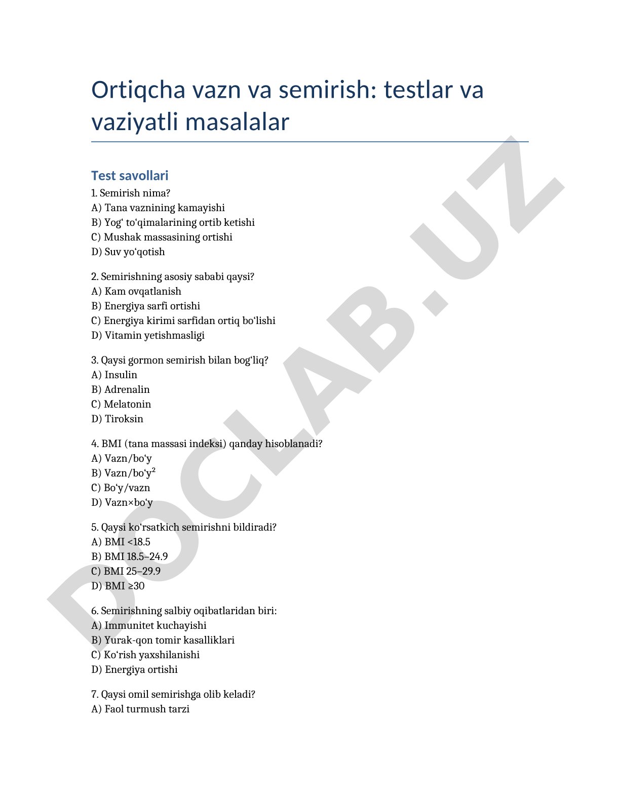 Ortiqcha vazn va semirish: testlar va vaziyatli masalalar