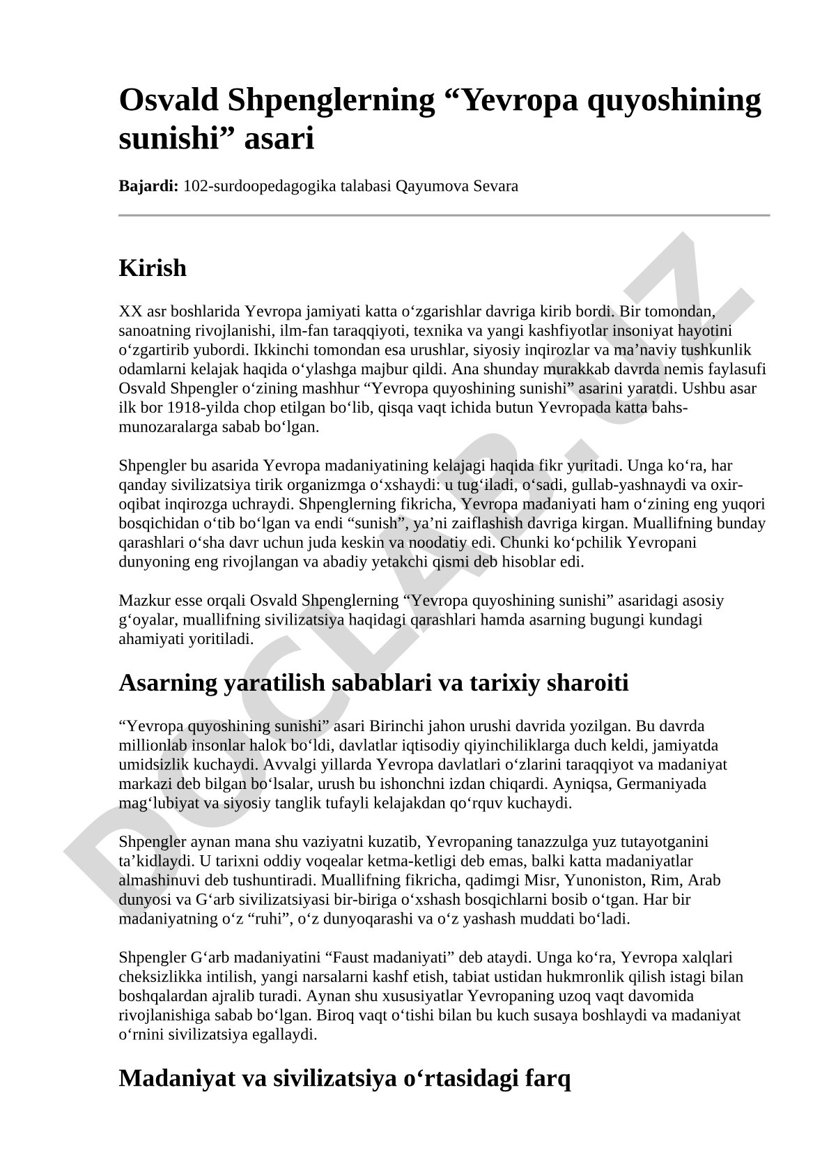Osvald Shpenglerning “Yevropa quyoshining sunishi” asari