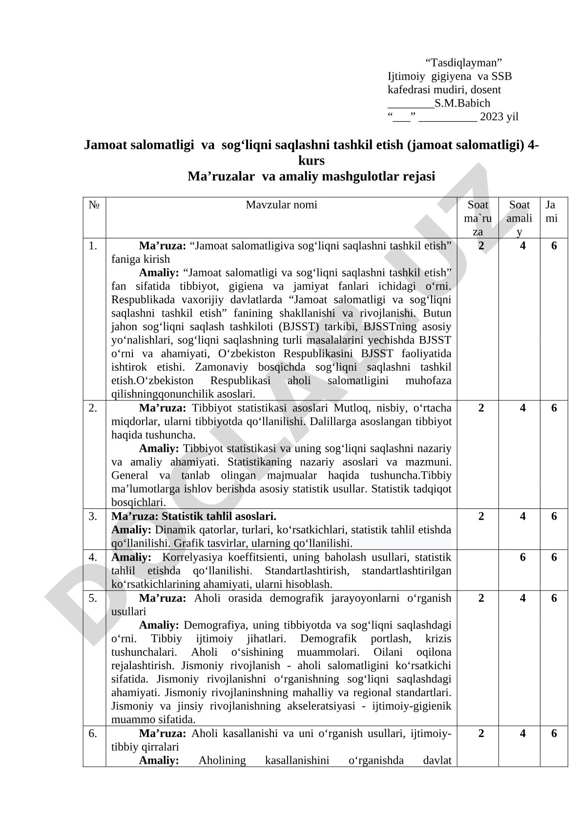 Jamoat salomatligi va sog‘liqni saqlashni tashkil etish fanining ma’ruzalar va amaliy mashgulotlar rejasi