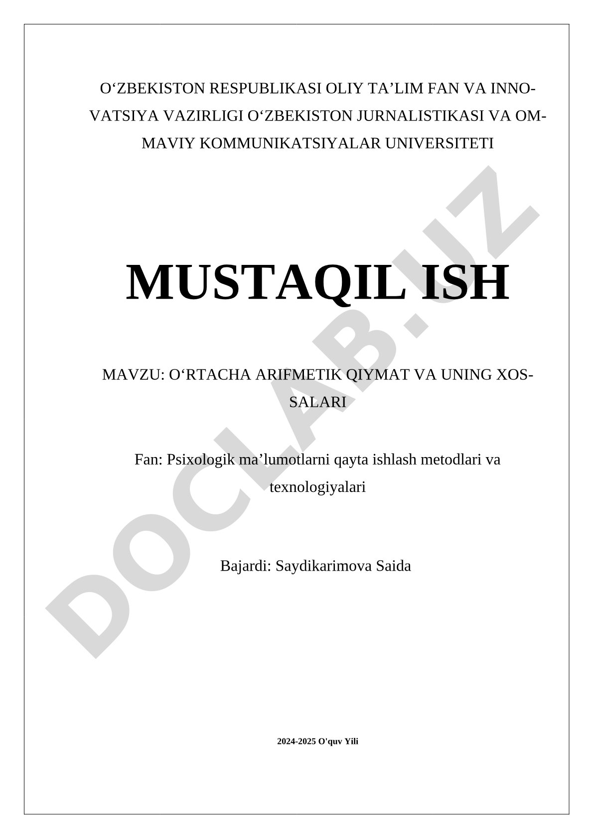 Oʻrtacha arifmetik qiymat va uning xossalari