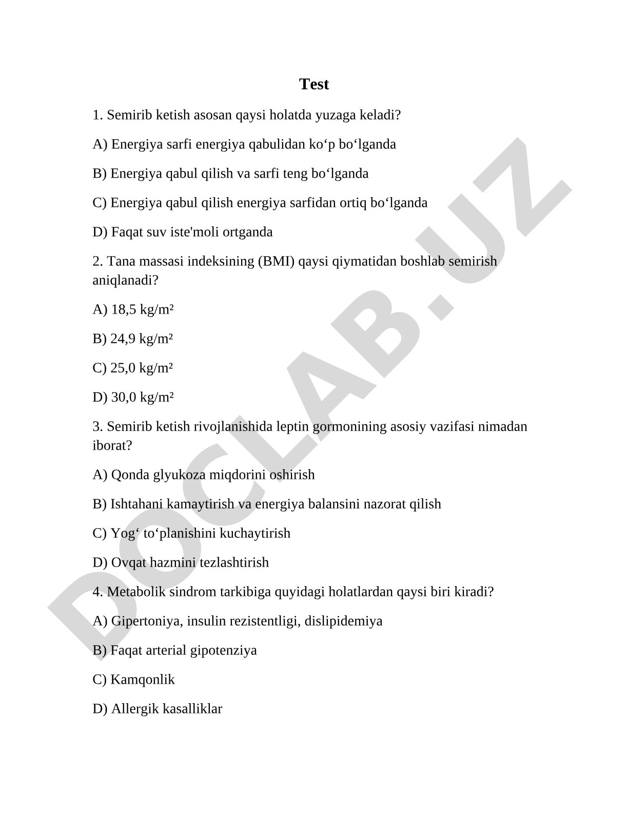 Semirib ketish va metabolik sindrom test savollari