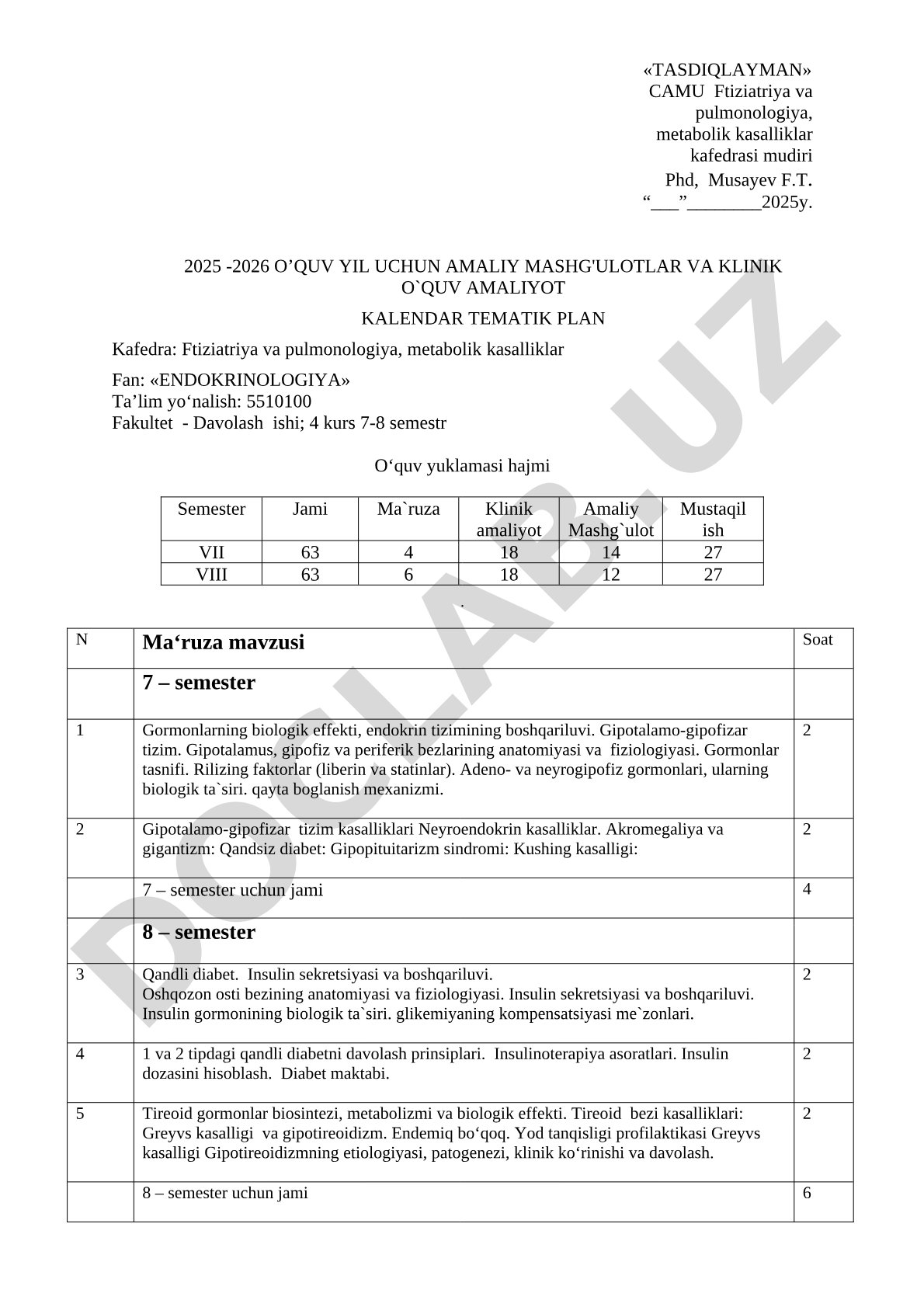 Endokrinologiya fanidan amaliy mashg'ulotlar va klinik o'quv amaliyot kalendar tematik plan