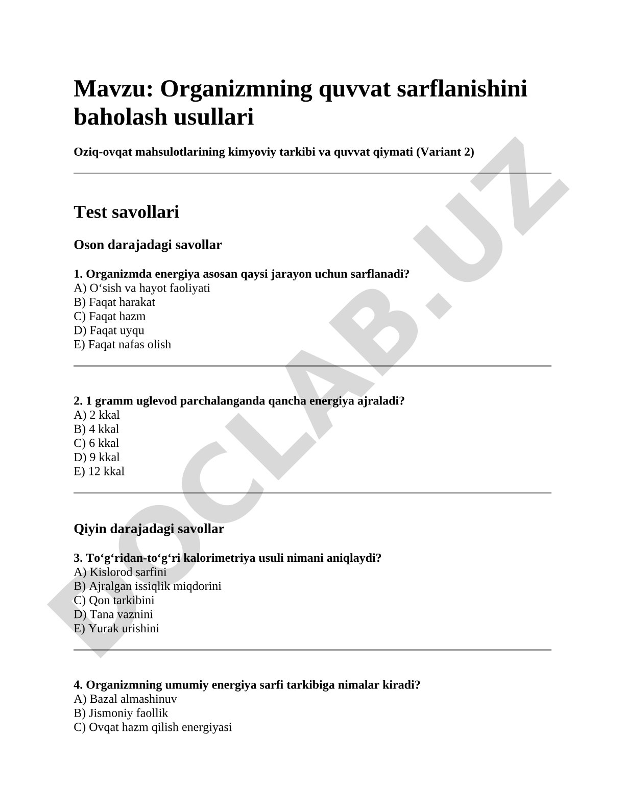 Organizmning quvvat sarflanishini baholash usullari
