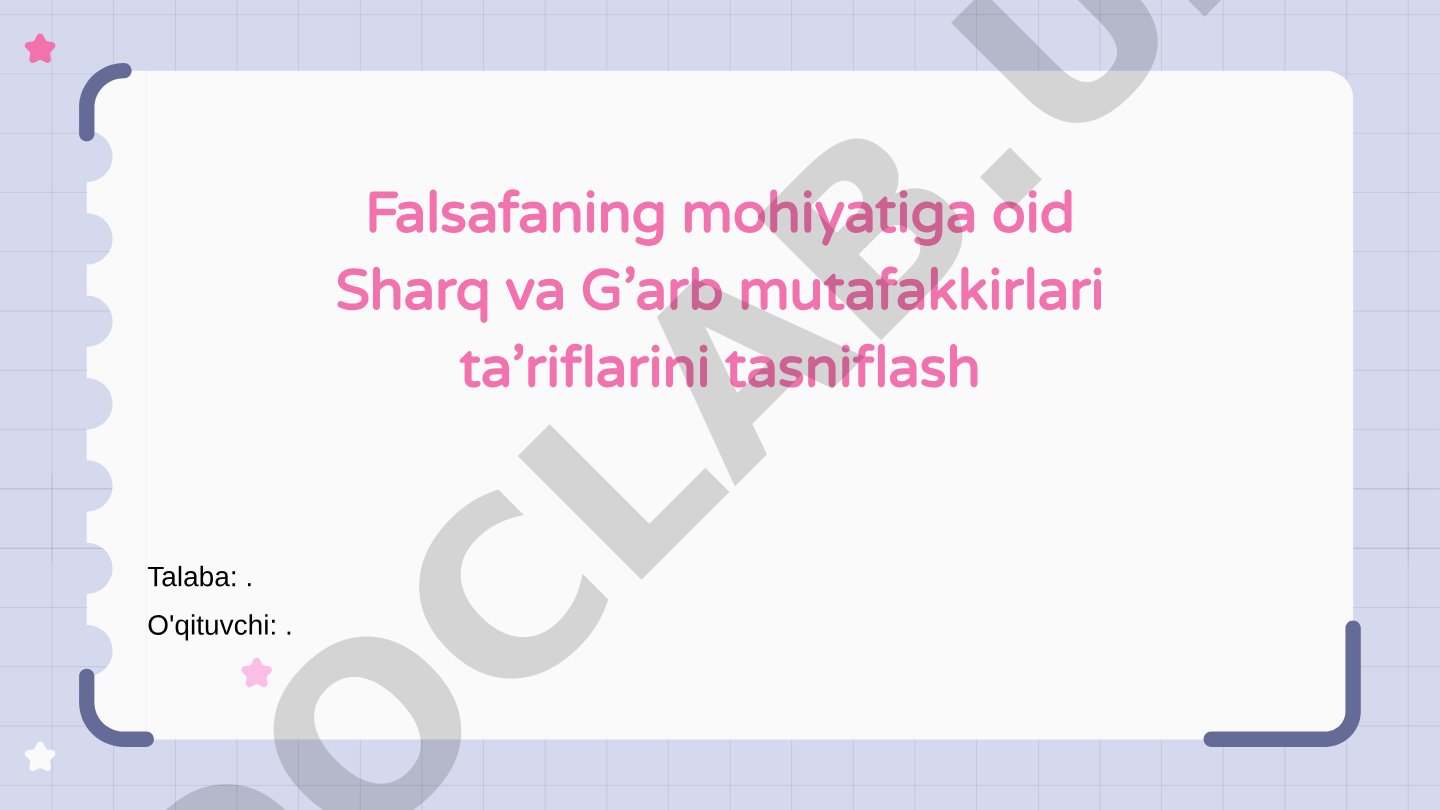 Sharq va G'arb falsafasi ta'riflari tasnifi