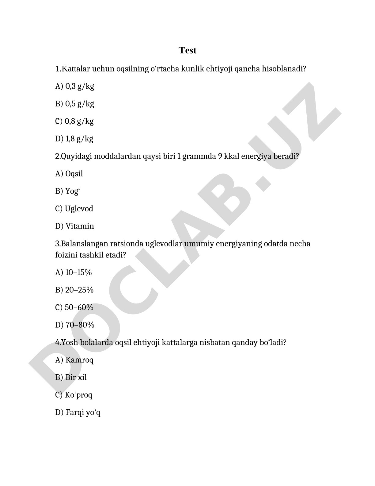 Oziqa moddalari va energiya ehtiyoji test savollari