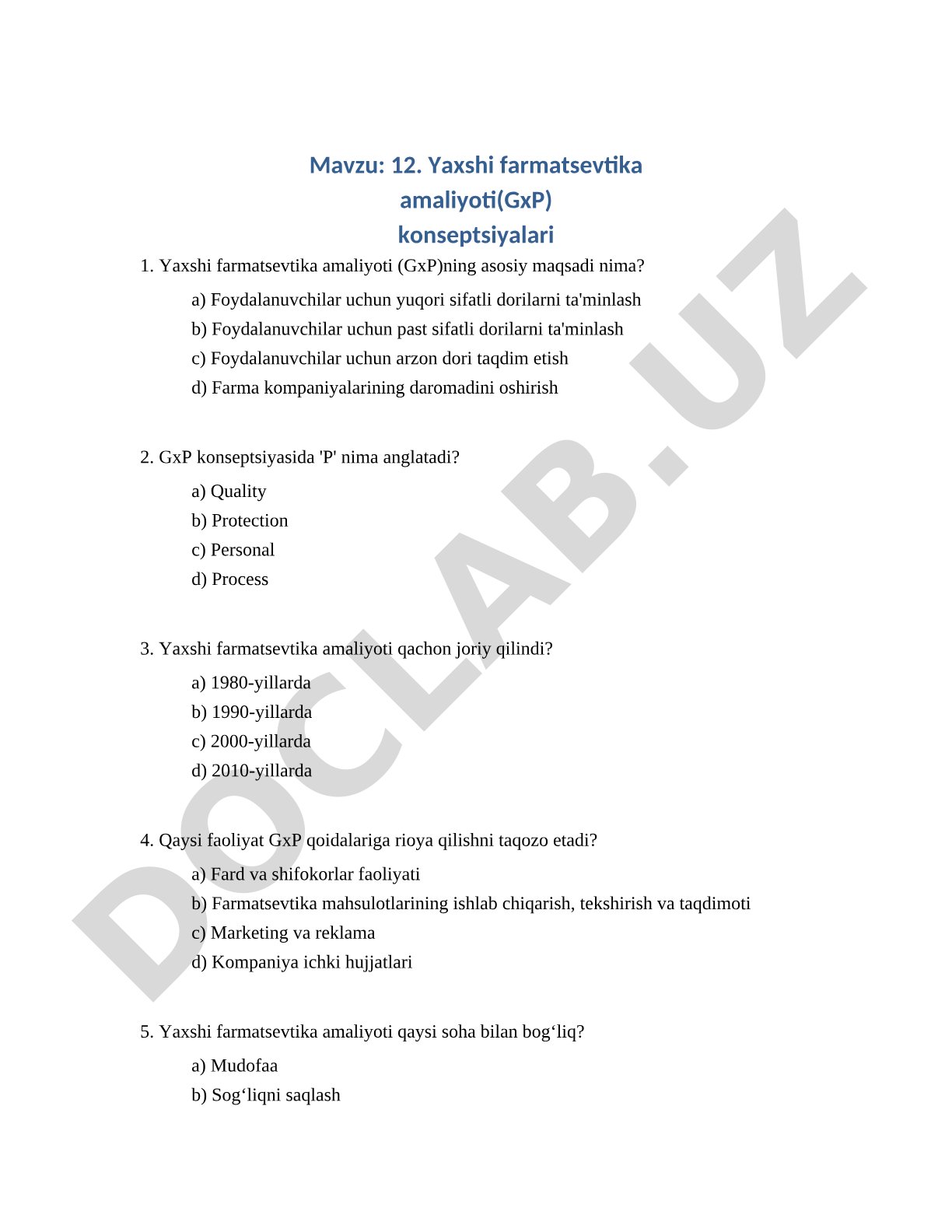 12. Yaxshi farmatsevtika amaliyoti (GxP) konseptsiyalari