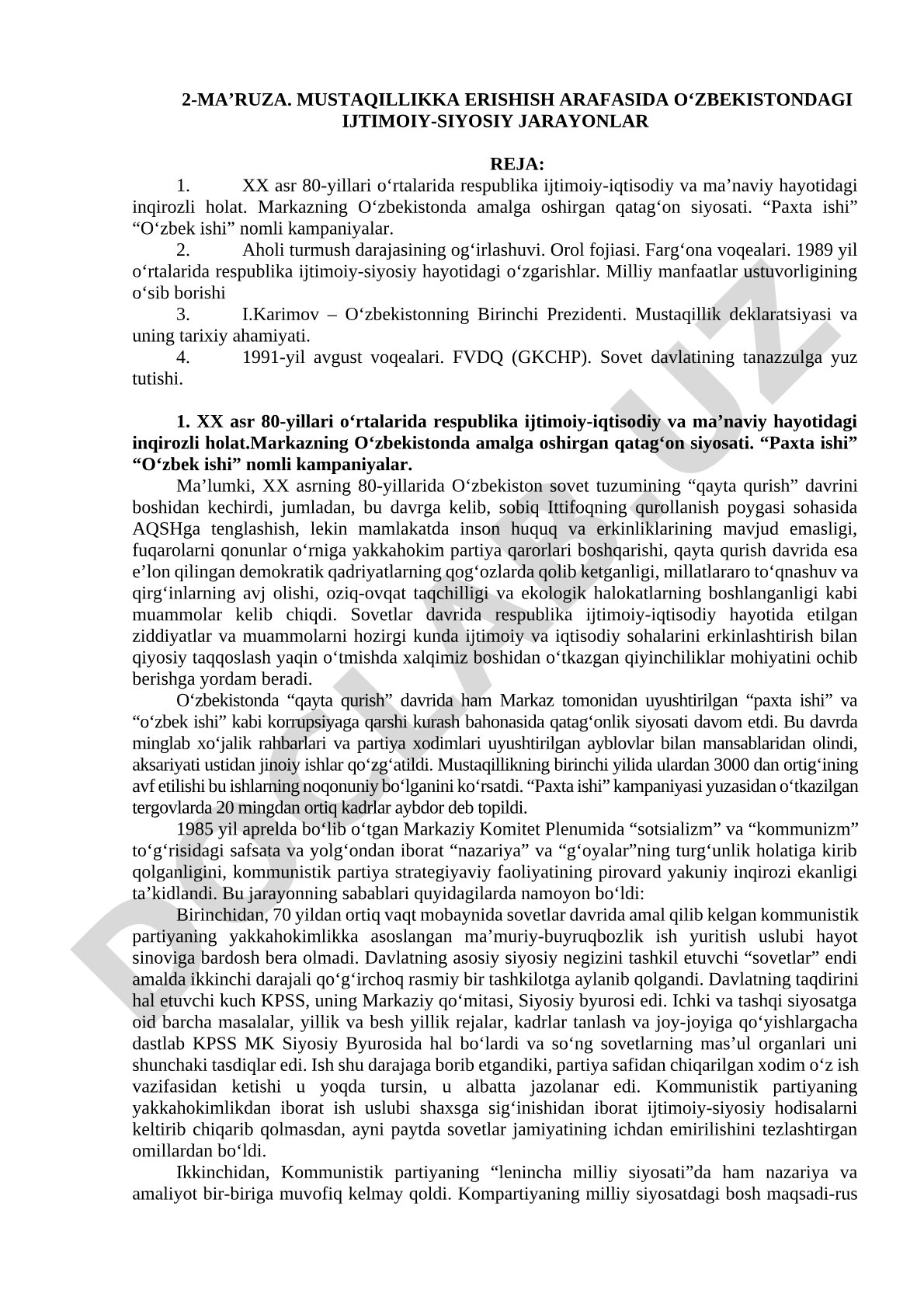 Mustaqillikka erishish arafasida O‘zbekistondagi ijtimoiy-siyosiy jarayonlar