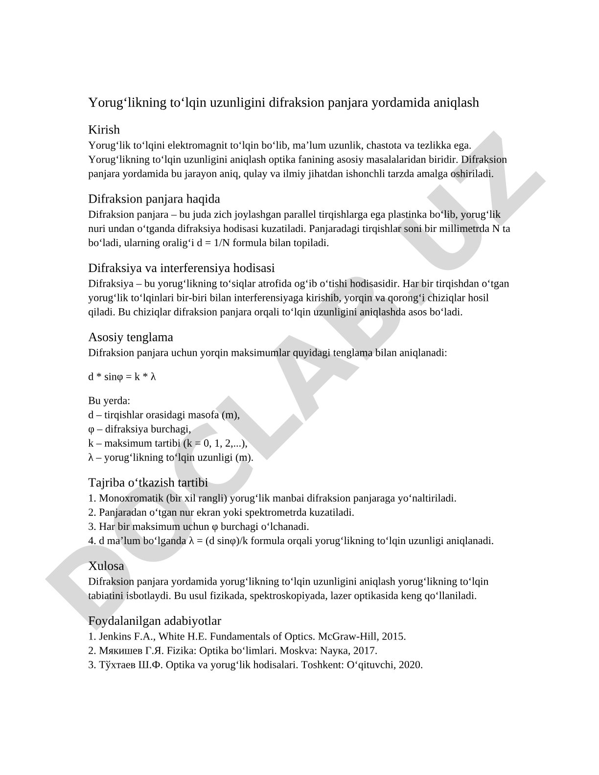 Yorug'likning to'lqin uzunligini difraksion panjara yordamida aniqlash