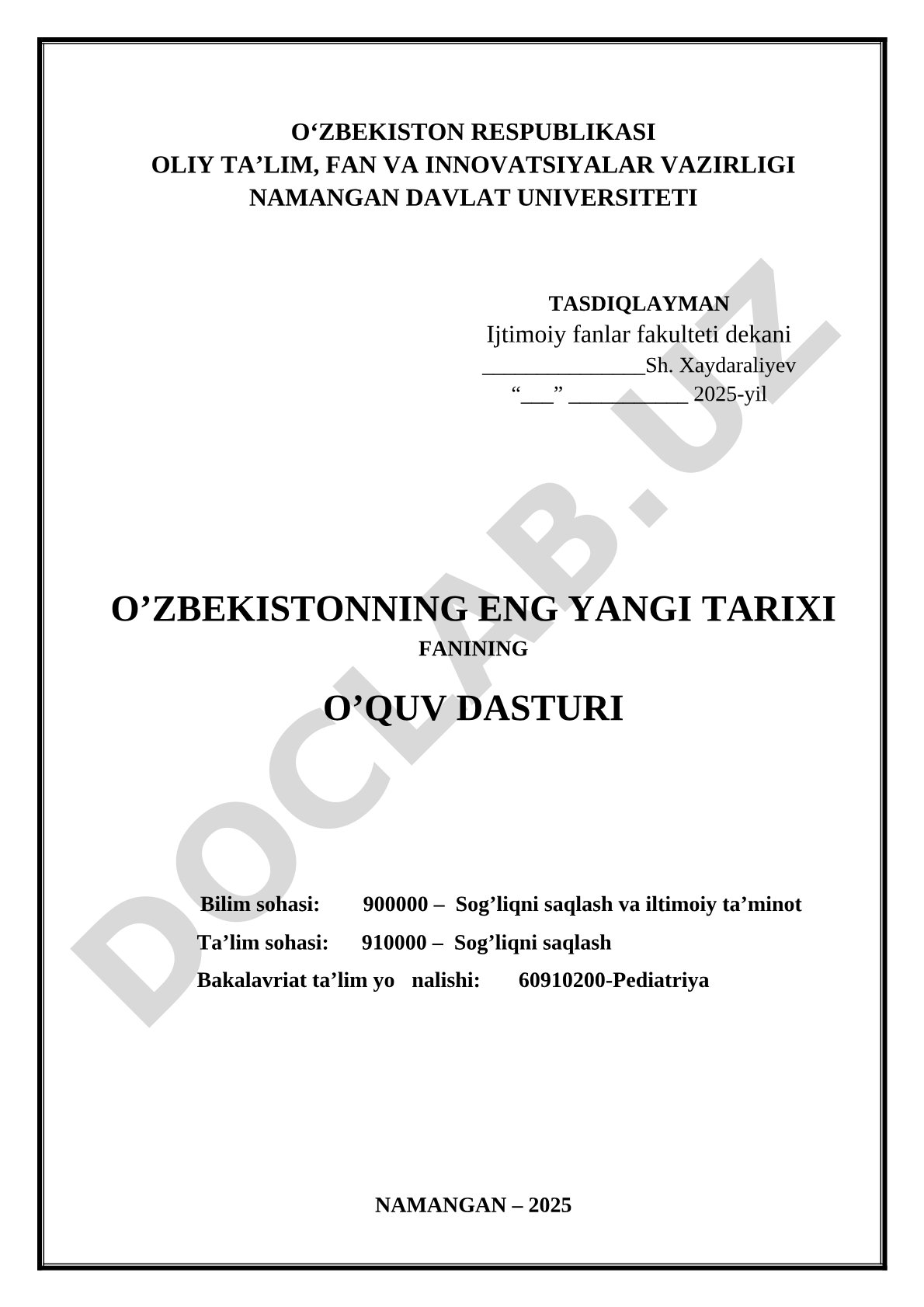 O'zbekistonning eng yangi tarixi fanining o'quv dasturi