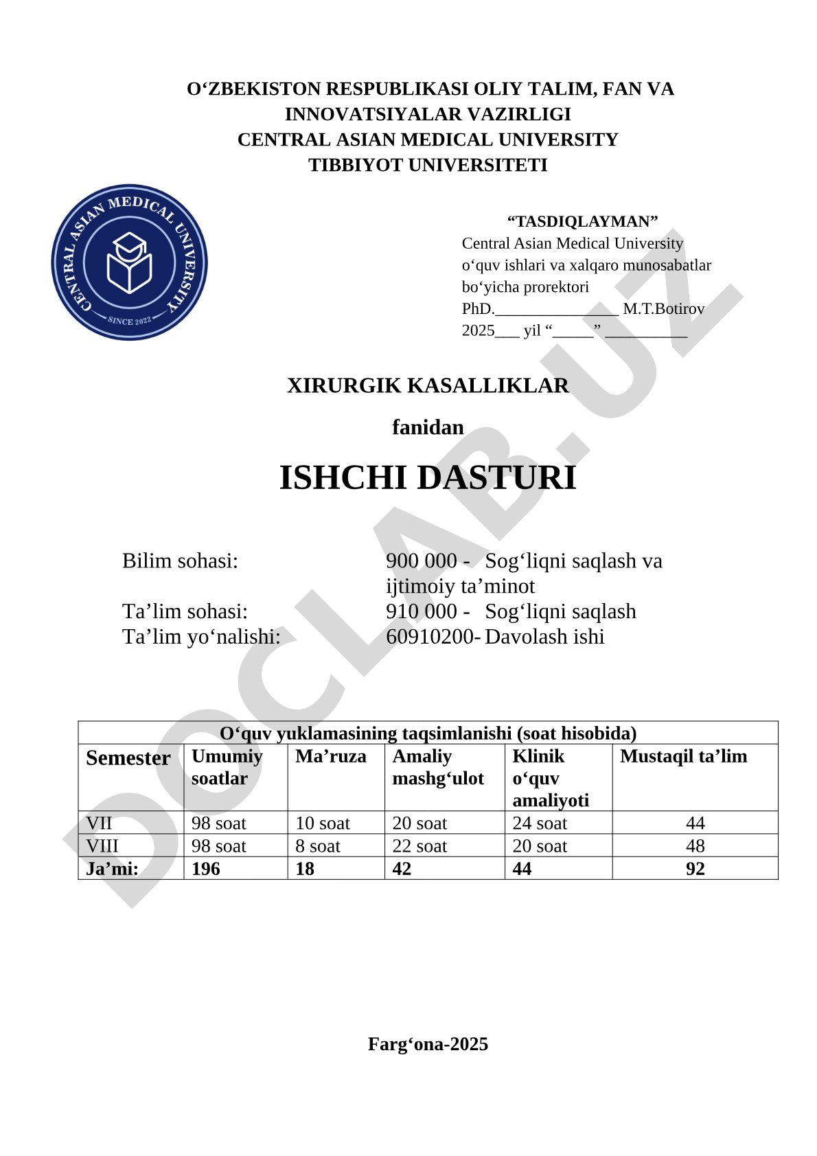 Xirurgik kasalliklar fanidan ishchi dasturi