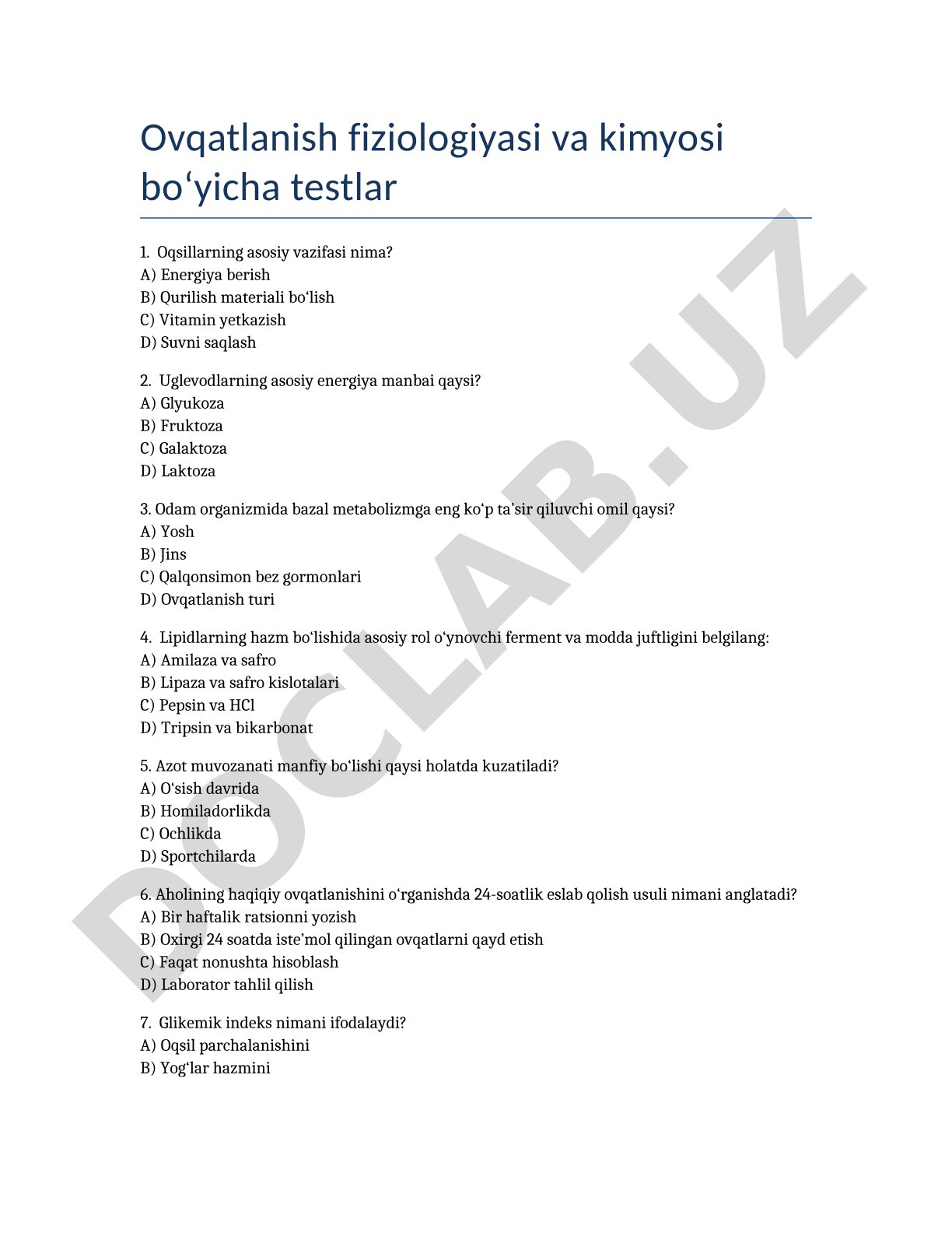 Ovqatlanish fiziologiyasi va kimyosi bo'yicha testlar