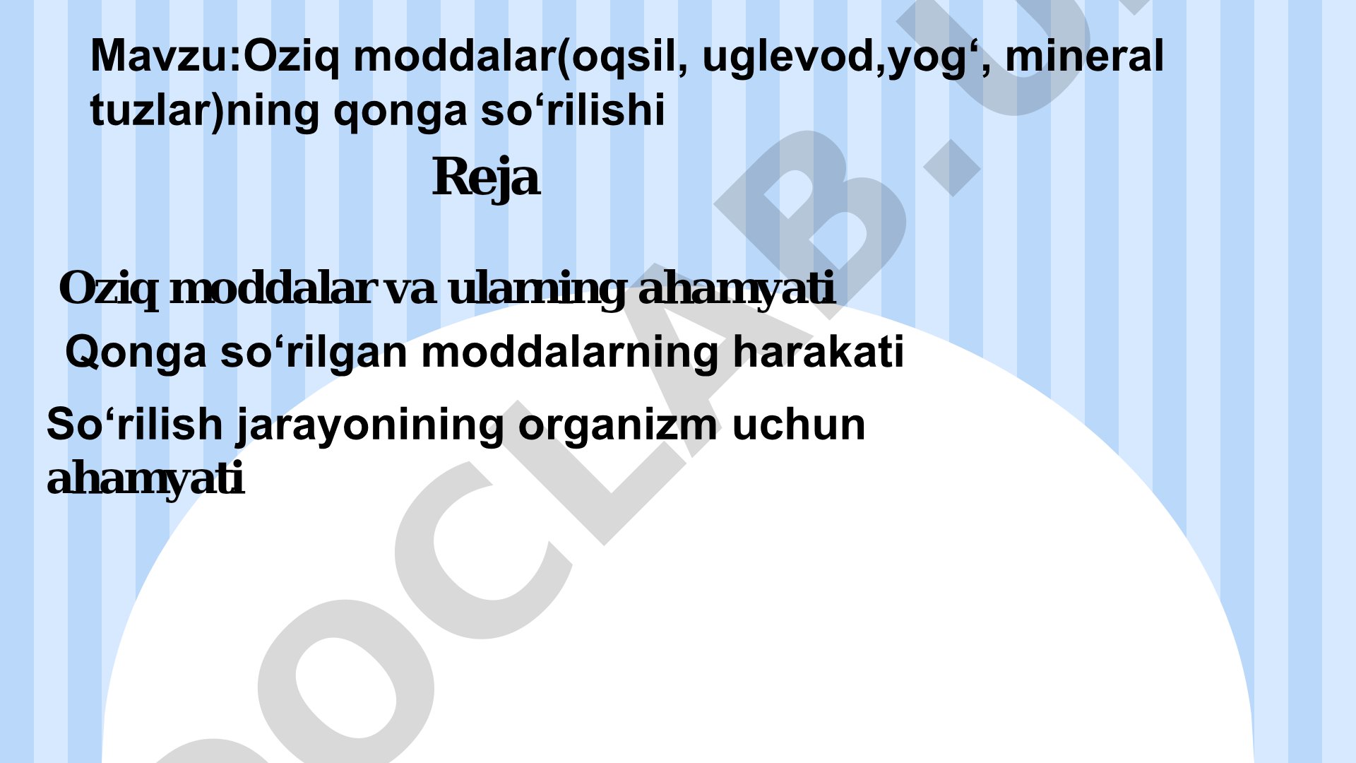 Oziq moddalar (oqsil, uglevod, yog', mineral tuzlar)ning qonga so'rilishi