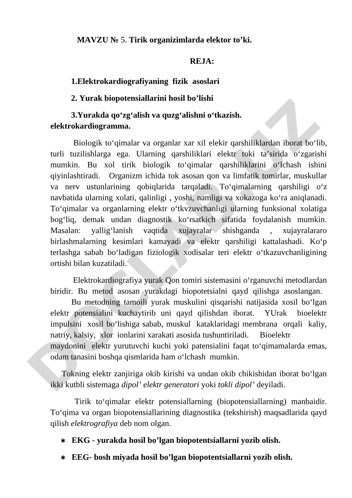 Tirik organizmlarda elektr toki va elektrokardiografiya