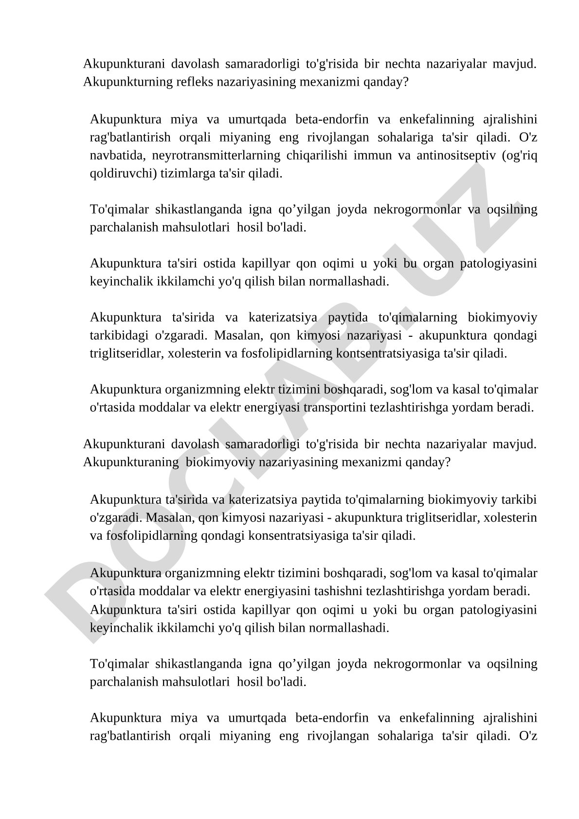Akupunkturani davolash samaradorligi nazariyalari
