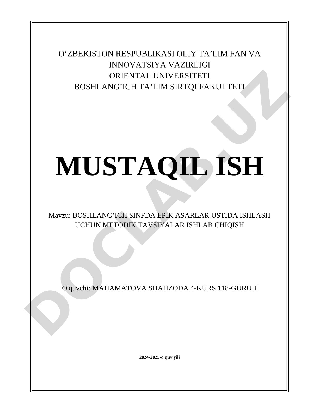 Boshlang'ich sinfda epik asarlar ustida ishlash uchun metodik tavsiyalar ishlab chiqish
