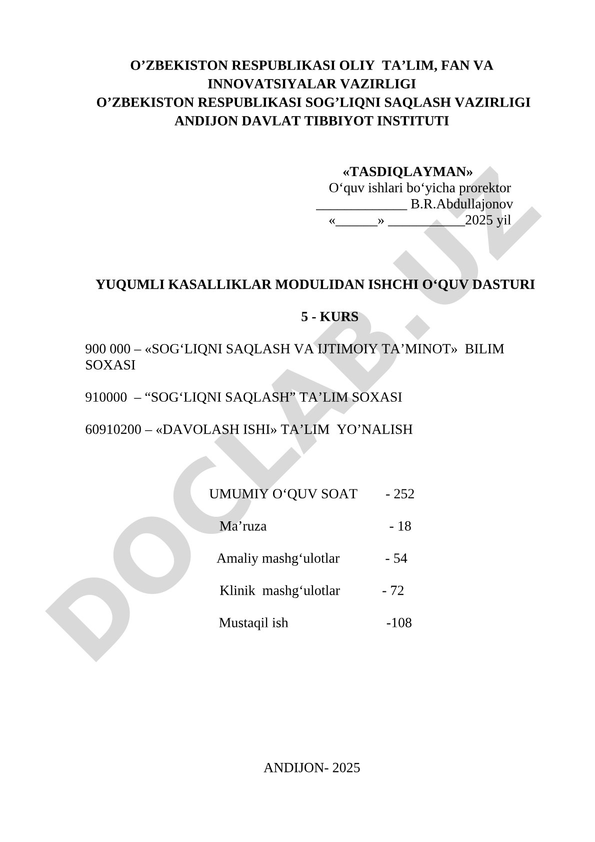 Yuqumli kasalliklar modulidan ishchi o'quv dasturi