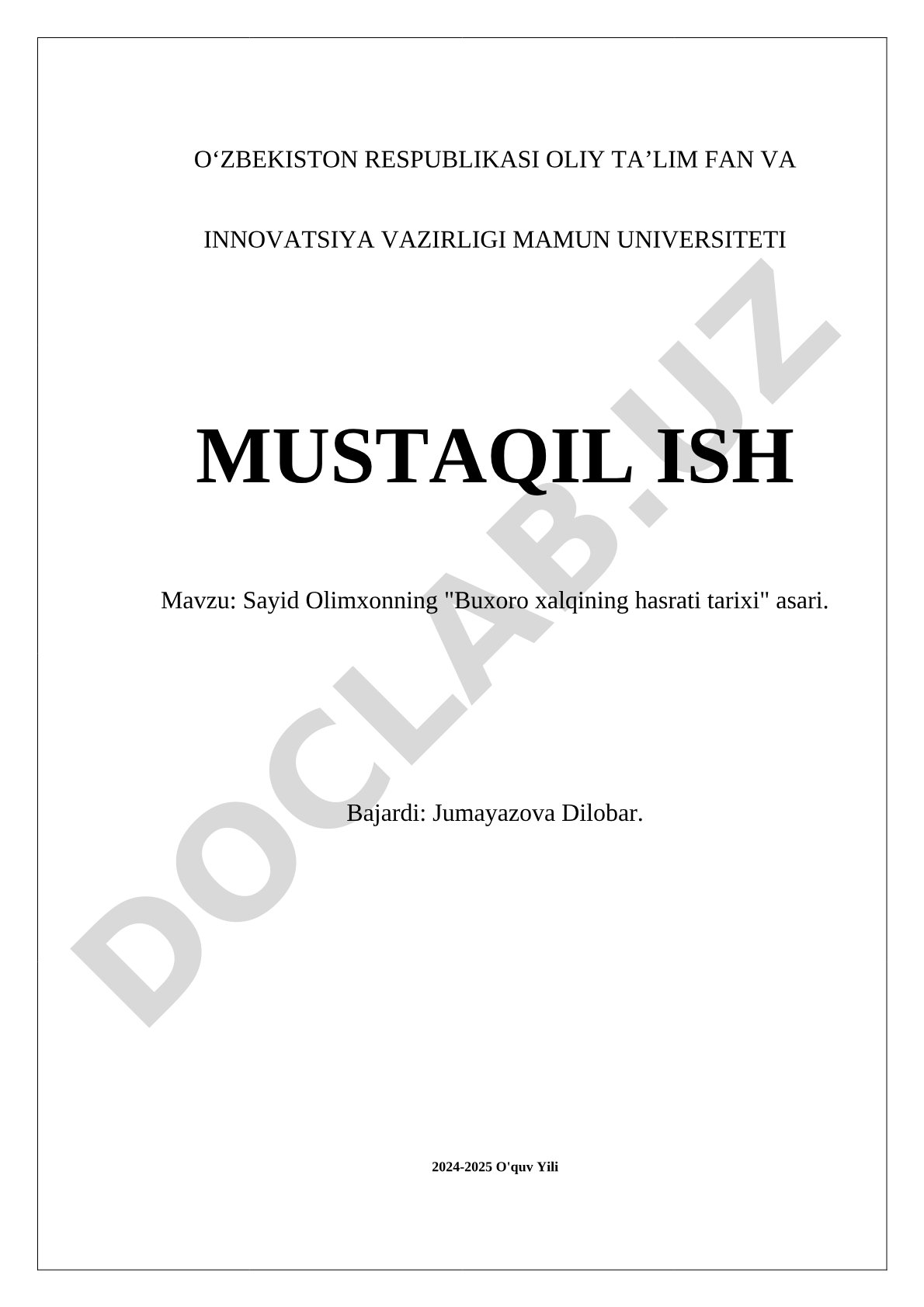 Sayid Olimxonning 'Buxoro xalqining hasrati tarixi' asari