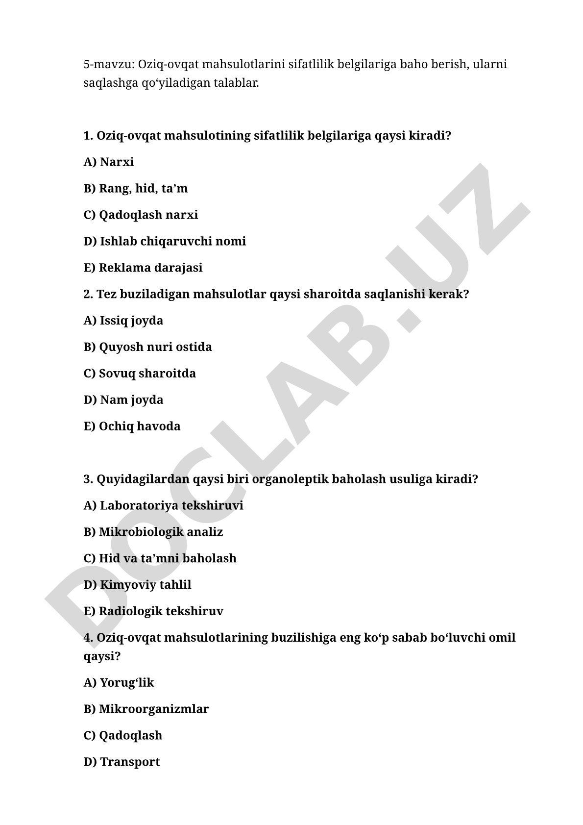 Oziq-ovqat mahsulotlarini sifatlilik belgilariga baho berish, ularni saqlashga qo'yiladigan talablar