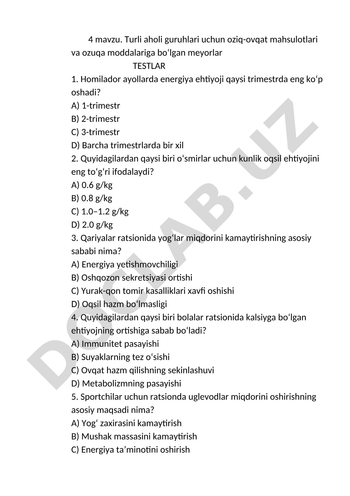 Turli aholi guruhlari uchun oziq-ovqat mahsulotlari va ozuqa moddalariga bo'lgan meyorlar testlari