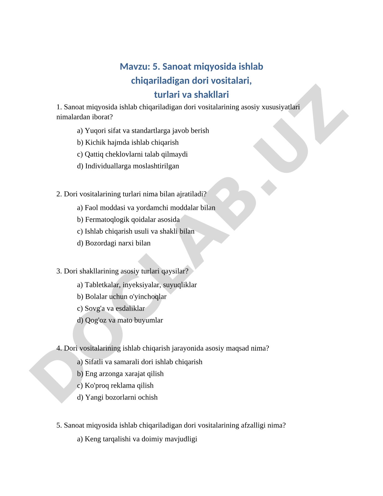 5. Sanoat miqyosida ishlab chiqariladigan dori vositalari, turlari va shakllari