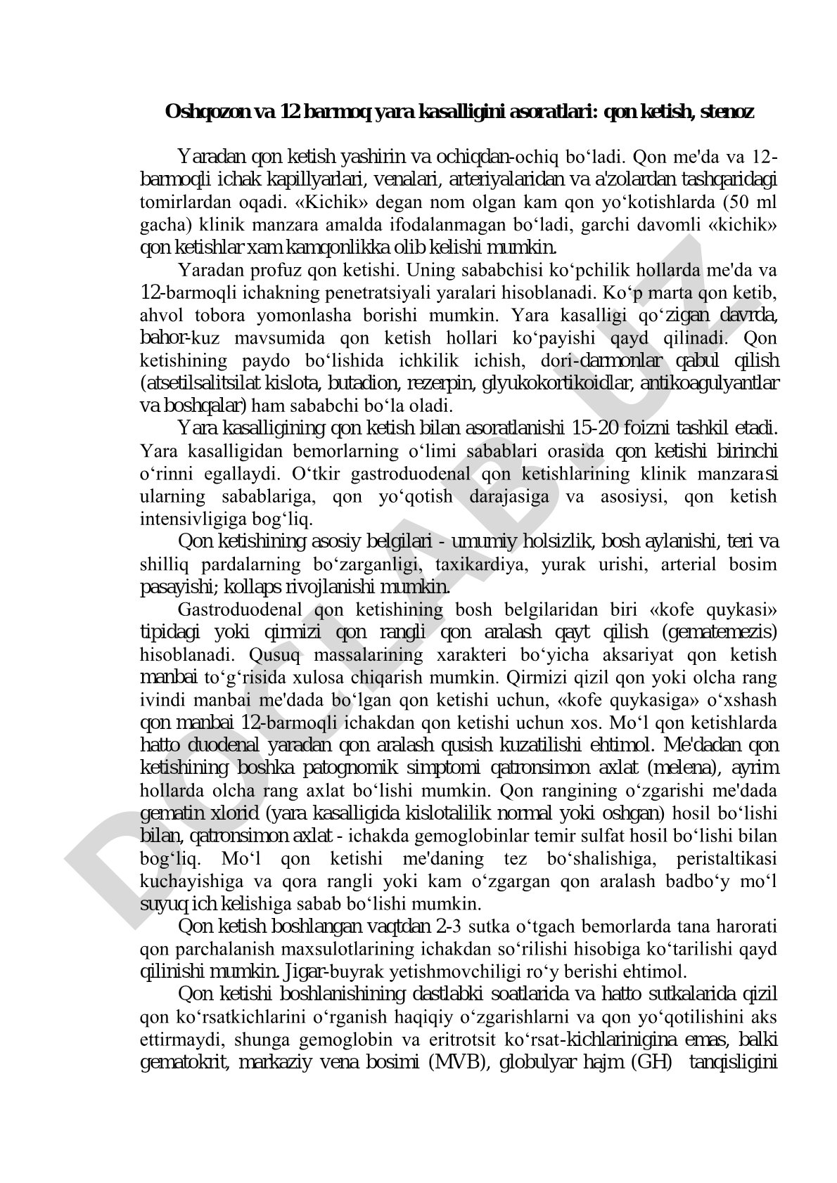 Oshqozon va 12 barmoq yara kasalligini asoratlari: qon ketish, stenoz
