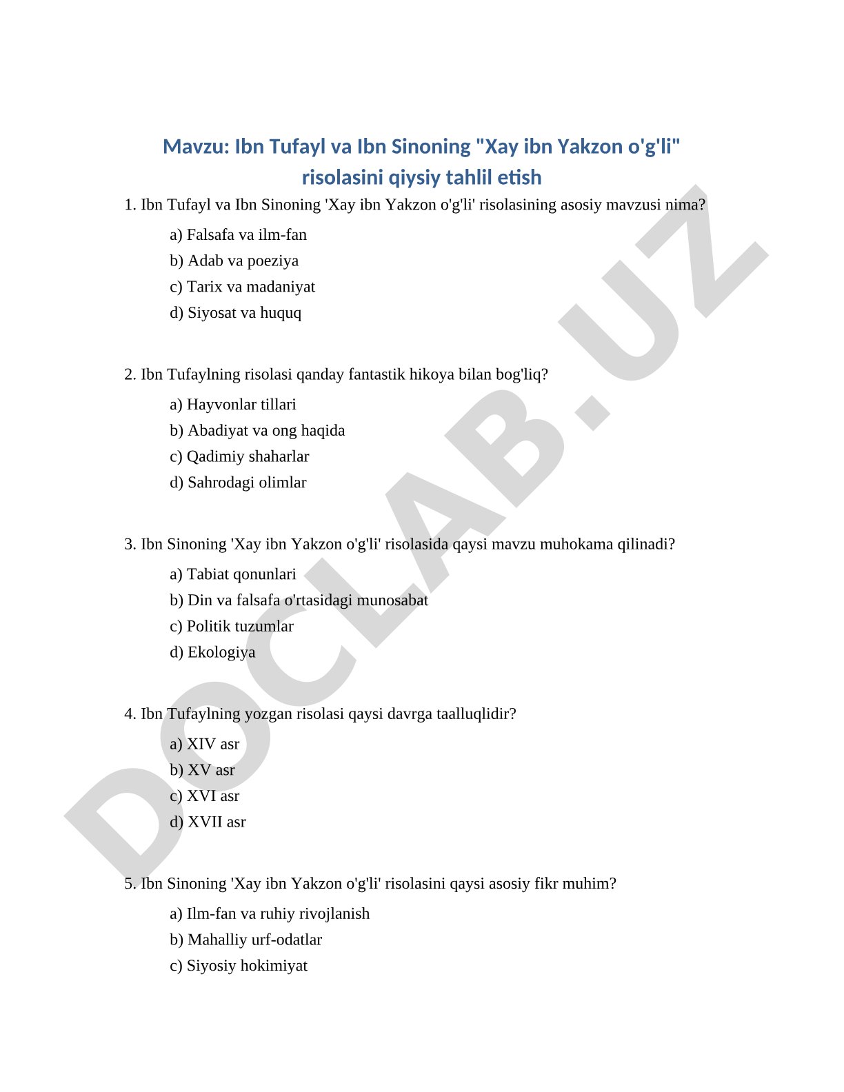 Ibn Tufayl va Ibn Sinoning 'Xay ibn Yakzon o'g'li' risolasini qiysiy tahlil etish