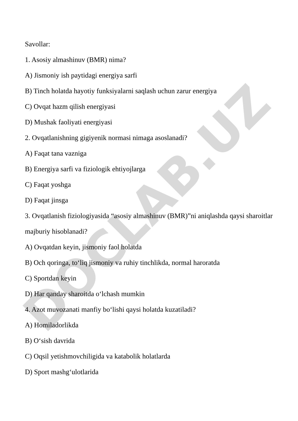 Ovqatlanish fiziologiyasi bo'yicha test savollari