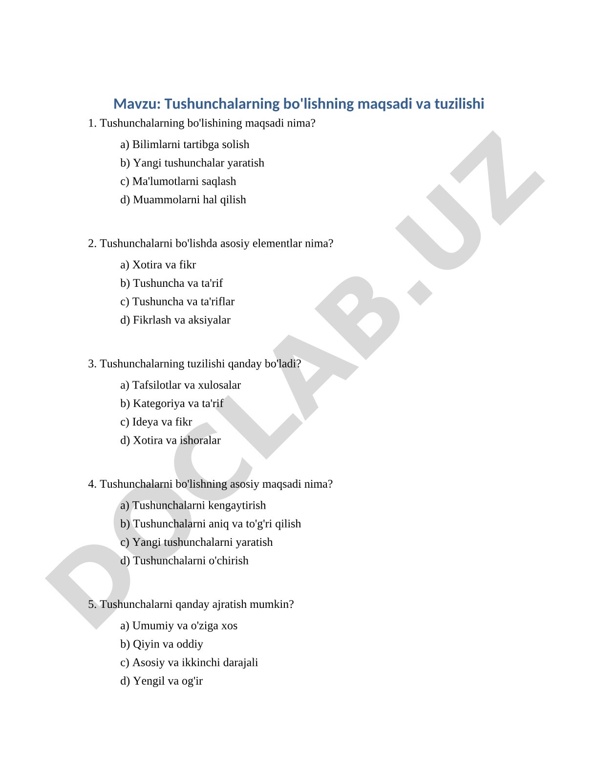 Tushunchalarning bo'lishning maqsadi va tuzilishi