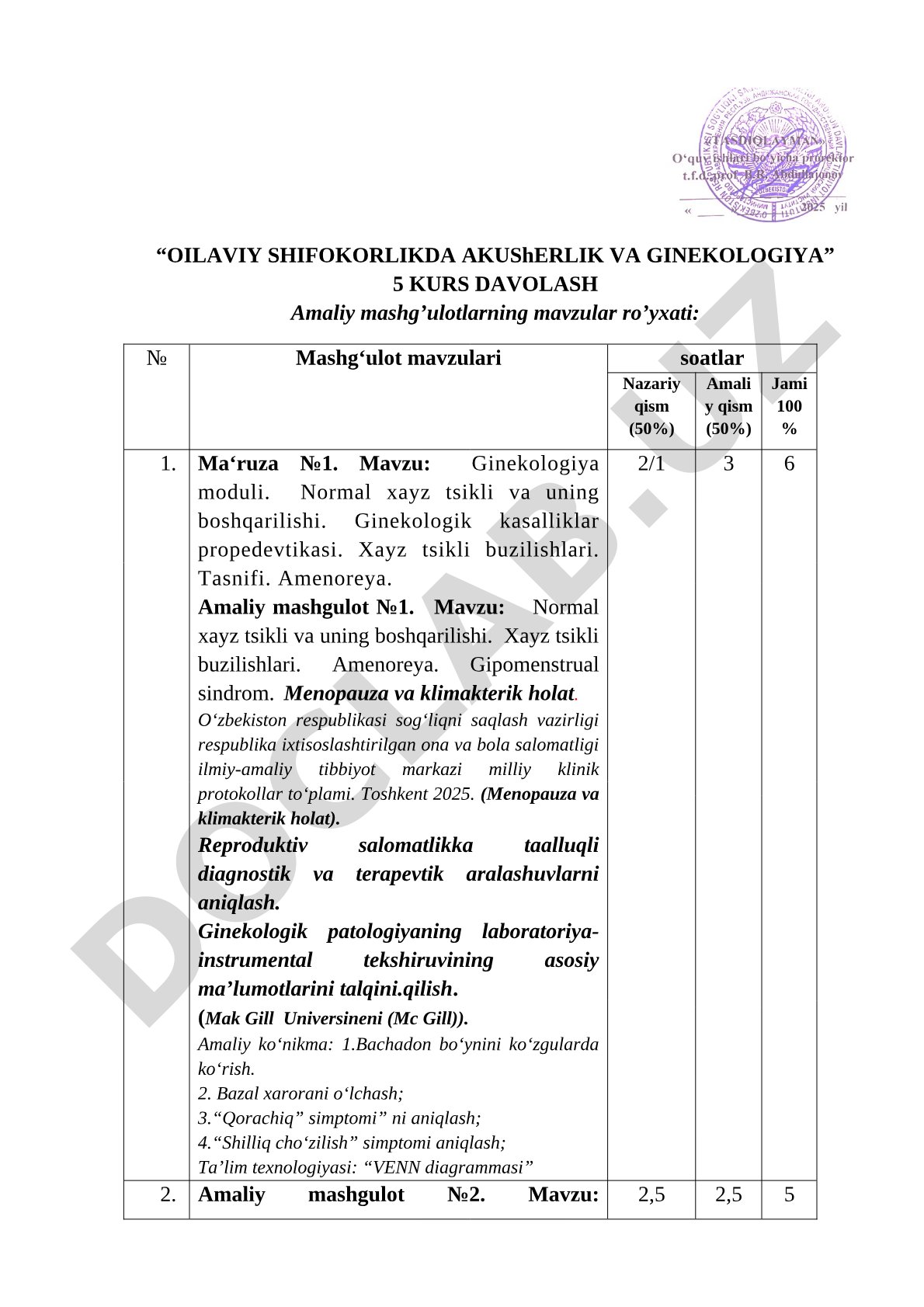 OILAVIY SHIFOKORLIKDA AKUShERLIK VA GINEKOLOGIYА 5 KURS DAVOLASH Amaliy mashg’ulotlarning mavzular ro’yxati