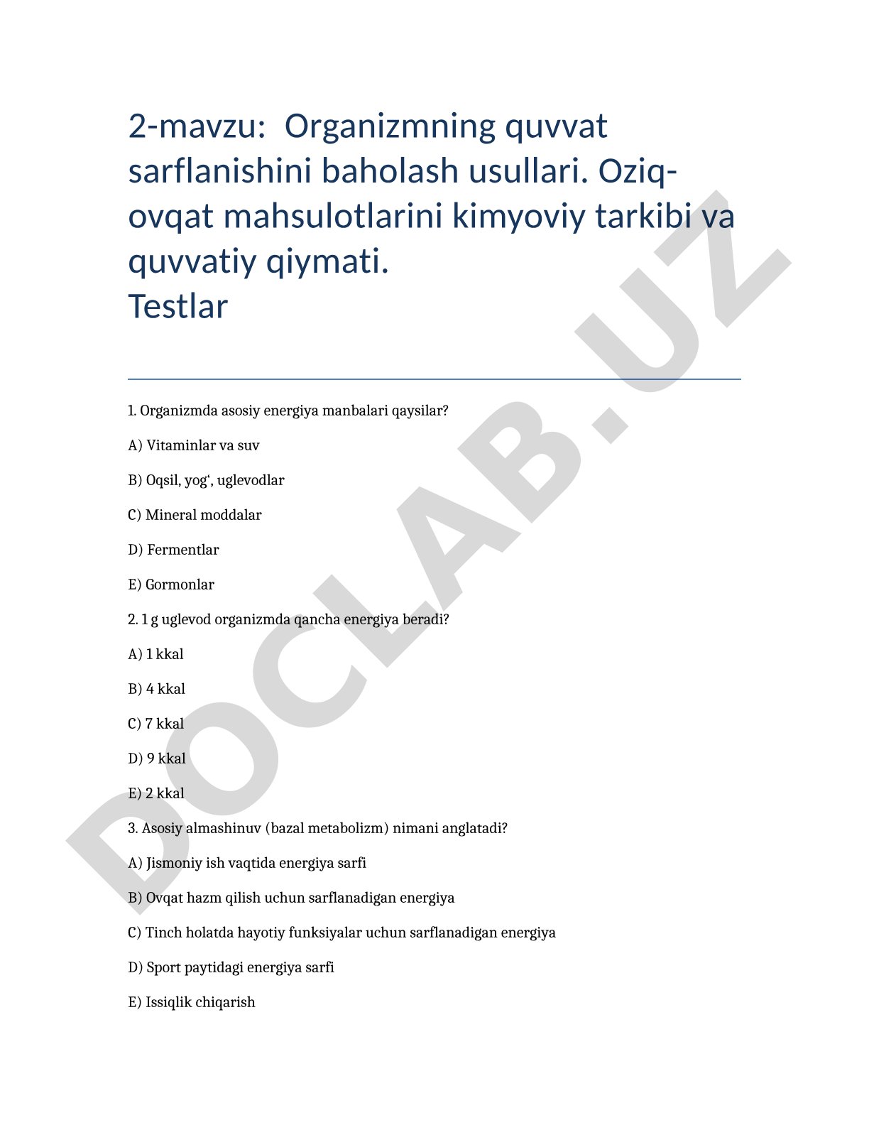 Organizmning quvvat sarflanishini baholash usullari