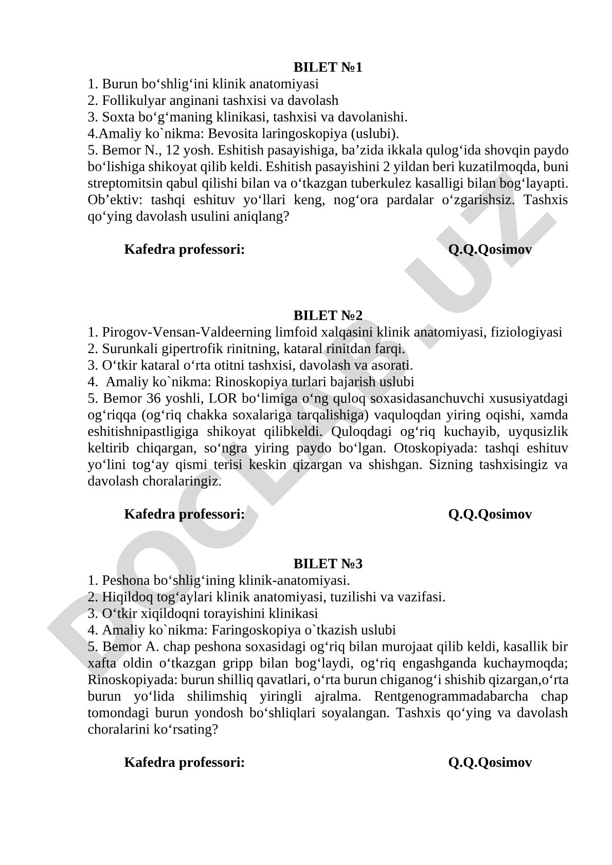 Burun bo‘shlig‘ini klinik anatomiyasi, follikulyar angina, soxta bo‘g‘ma, bevosita laringoskopiya, streptomitsin bilan bog‘liq eshitish pasayishi
