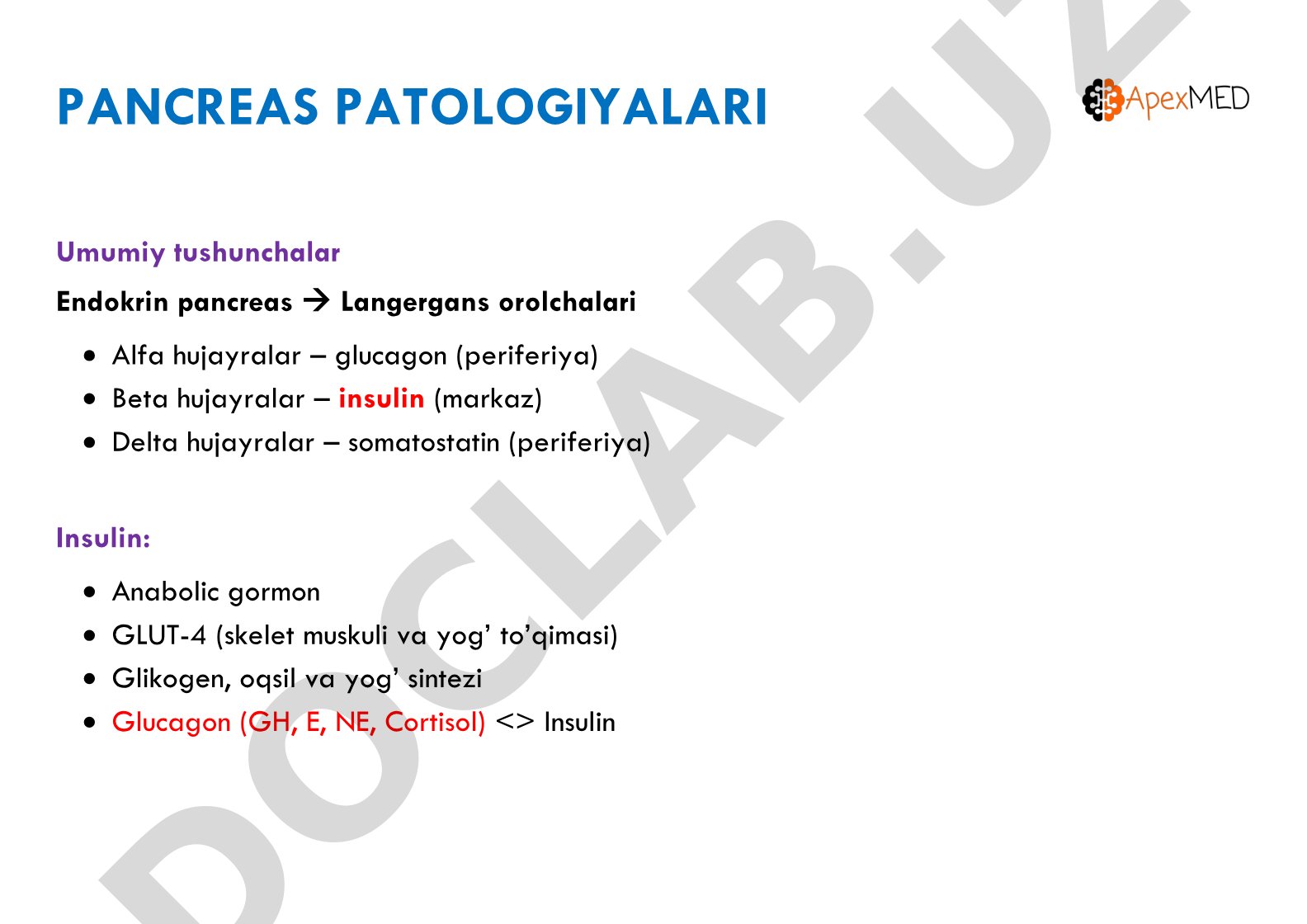 Pancreas patologiyalari: Qandli diabet turlari va diagnostikasi