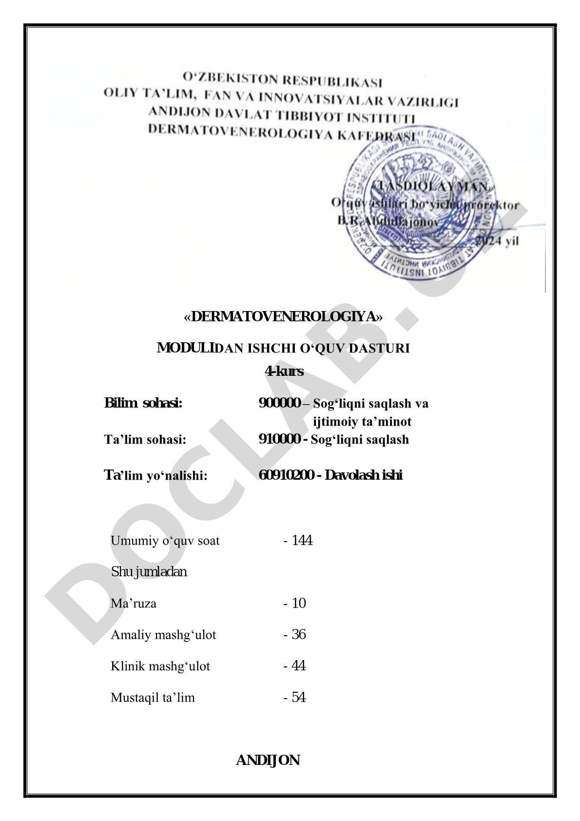 Dermatovenerologiya modulidan ishchi o'quv dasturi