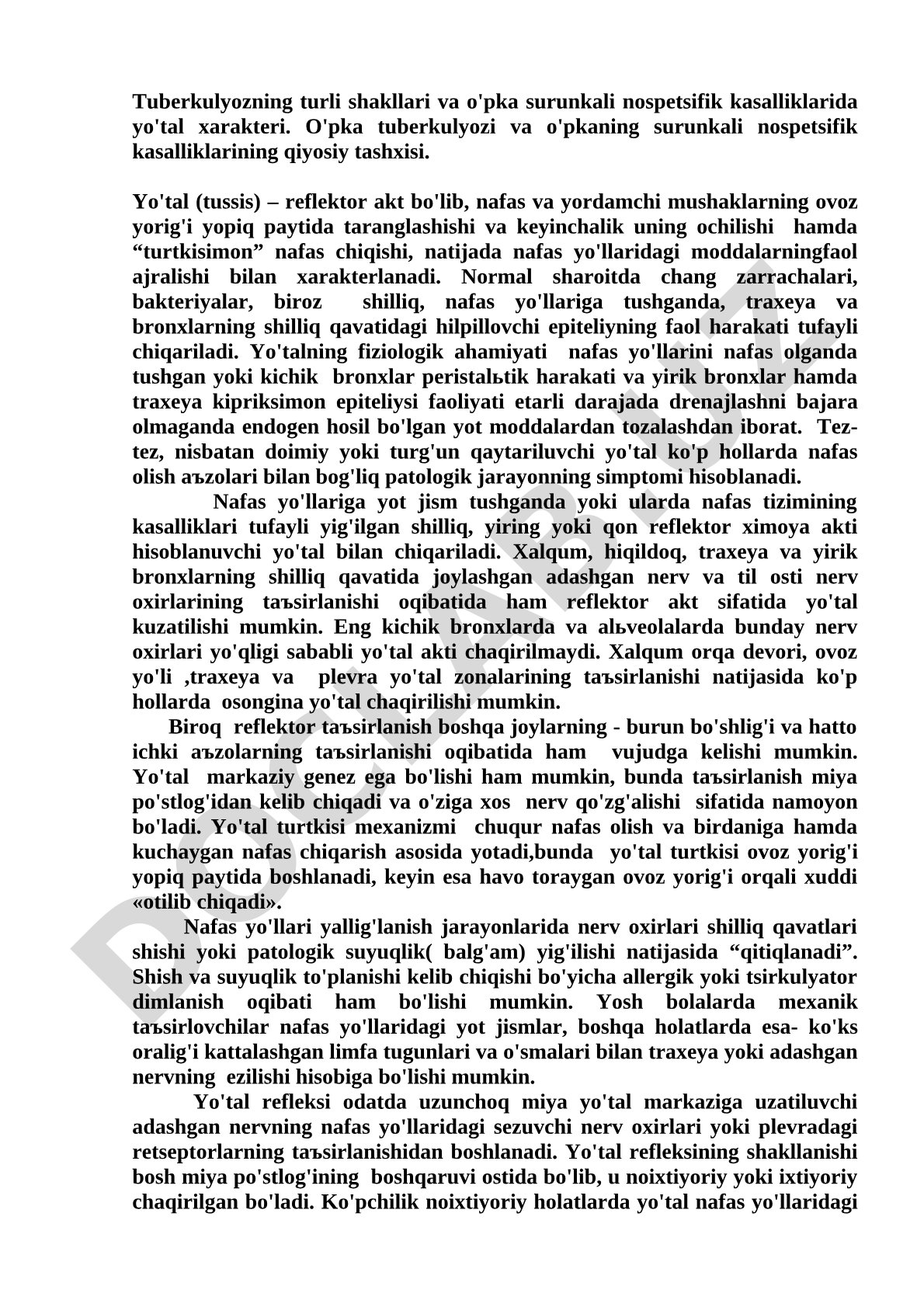 Tuberkulyoz va surunkali o'pka kasalliklarida yo'tal xarakteri