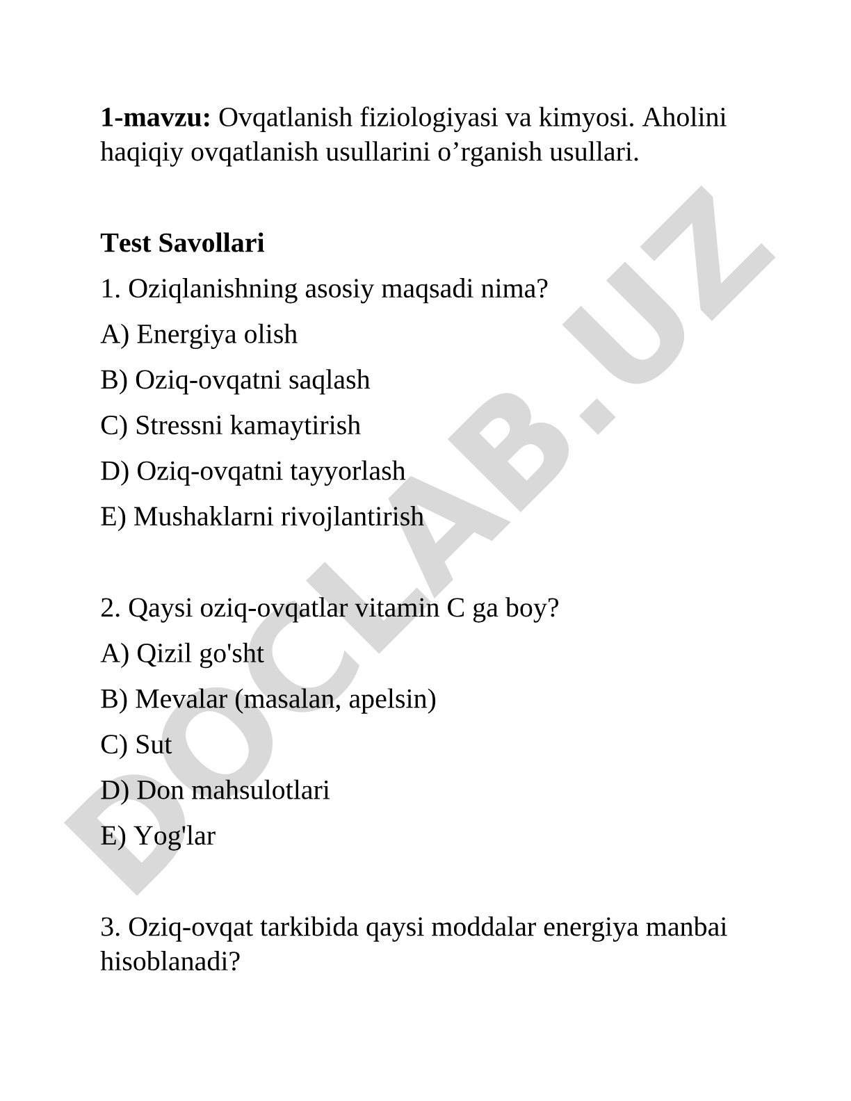 Ovqatlanish fiziologiyasi va kimyosi test savollari