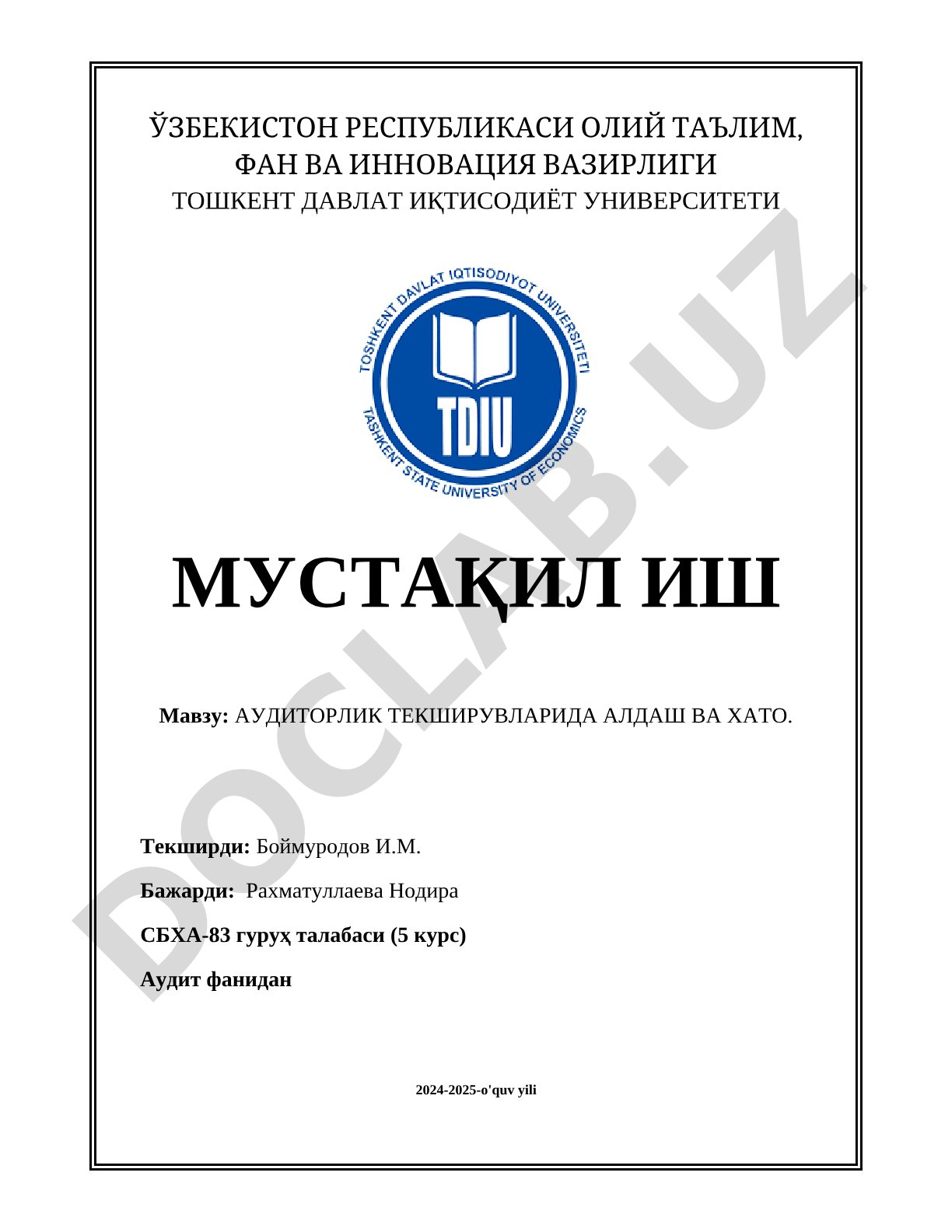 АУДИТОРЛИК ТЕКШИРУВЛАРИДА АЛДАШ ВА ХАТО