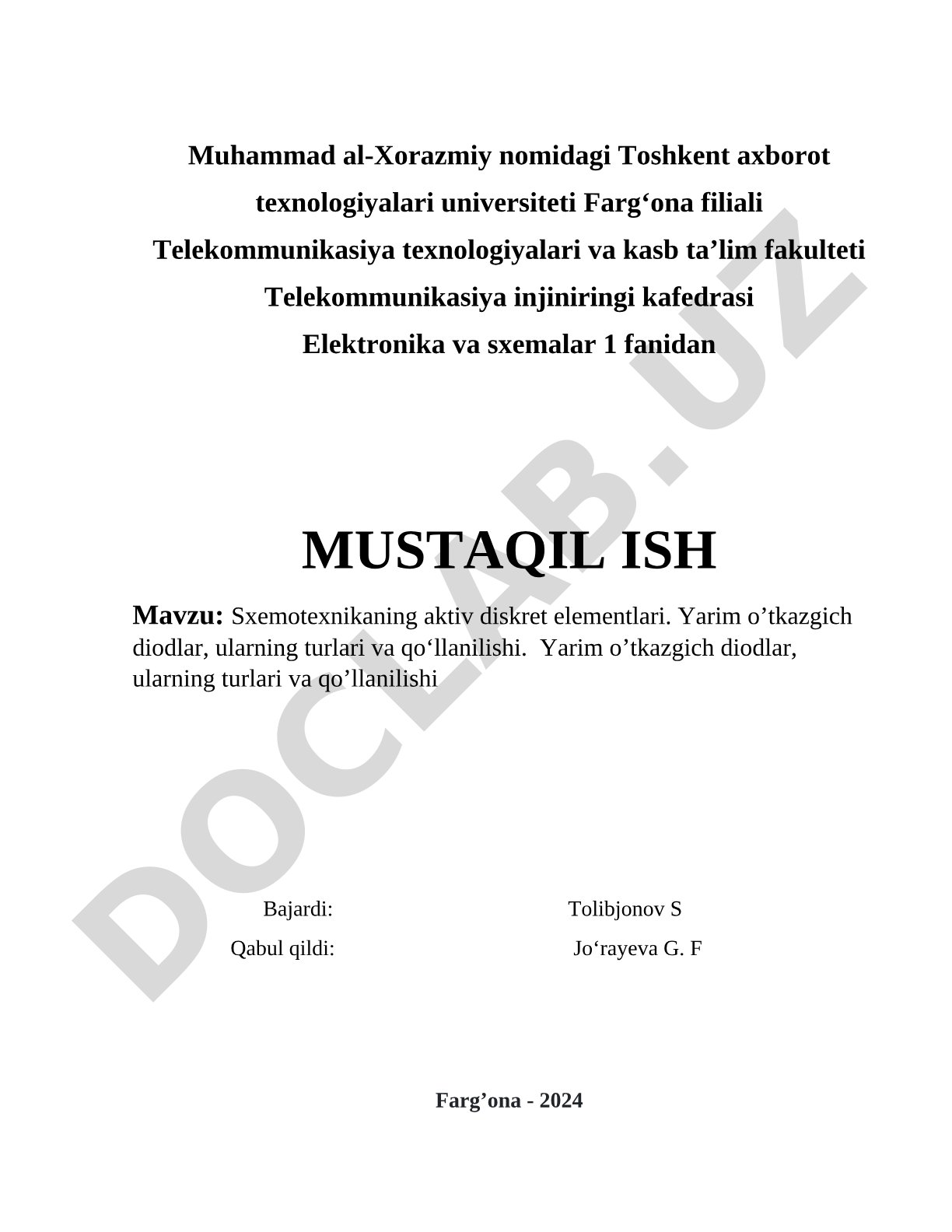 Sxemotexnikaning aktiv diskret elementlari. Yarim o’tkazgich diodlar, ularning turlari va qo‘llanilishi