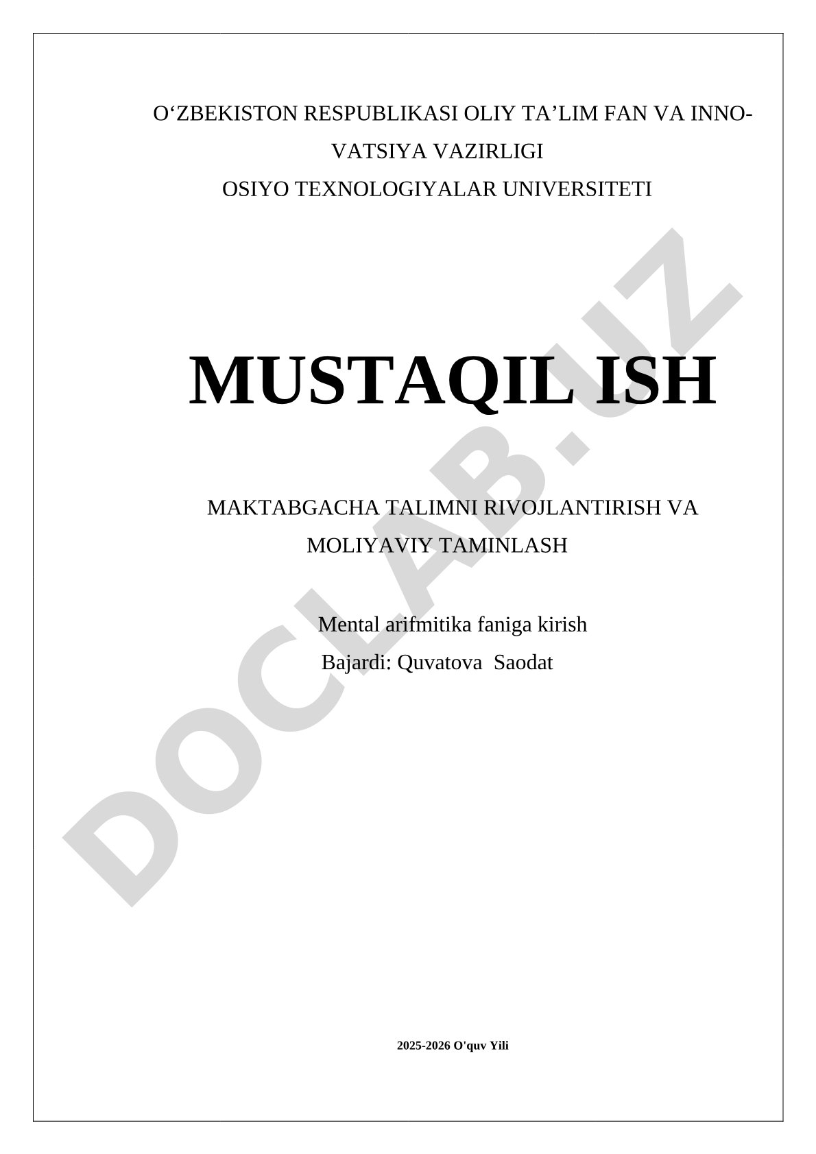 Maktabgacha ta'limni rivojlantirish va moliyaviy taminlash