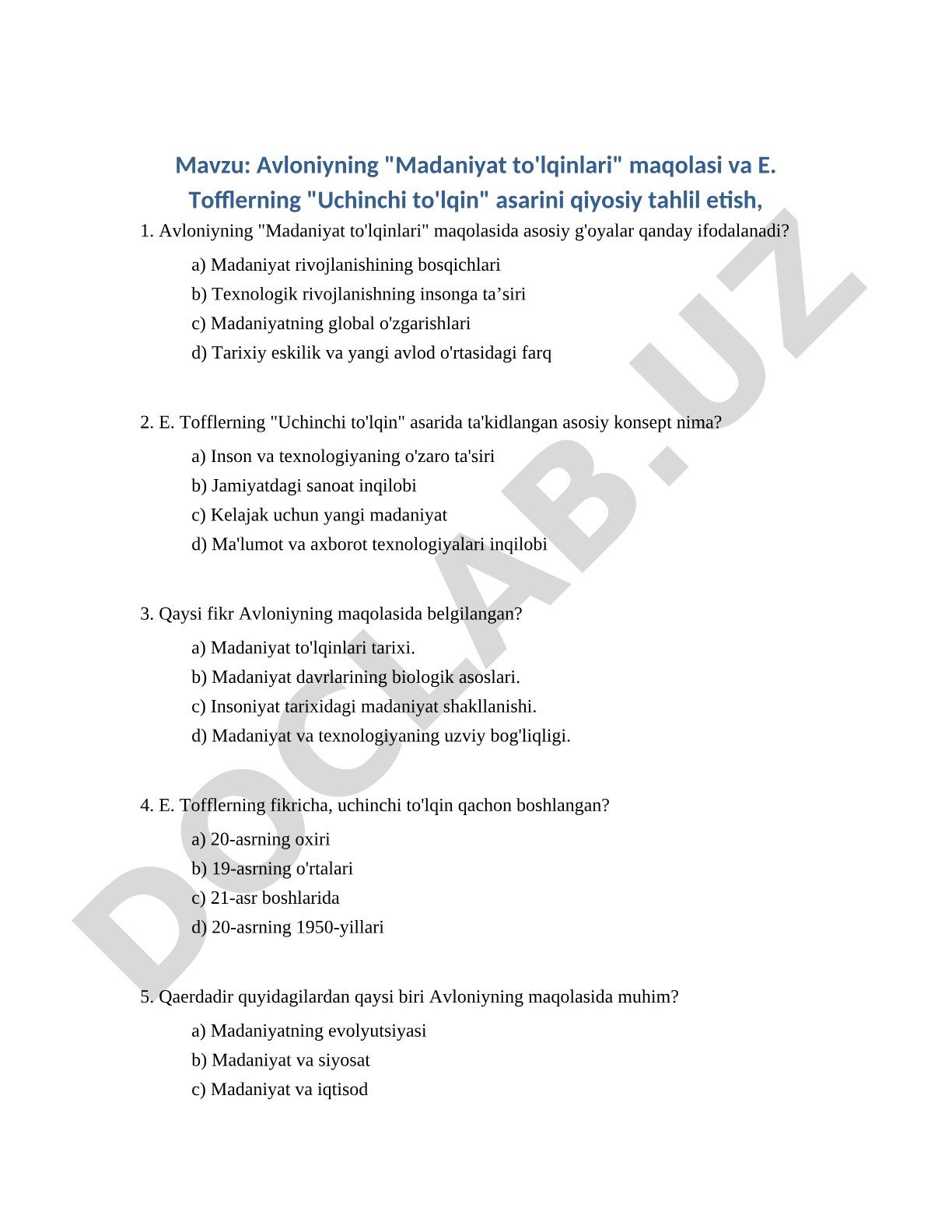 Avloniyning "Madaniyat to'lqinlari" maqolasi va E. Tofflerning "Uchinchi to'lqin" asarini qiyosiy tahlil etish