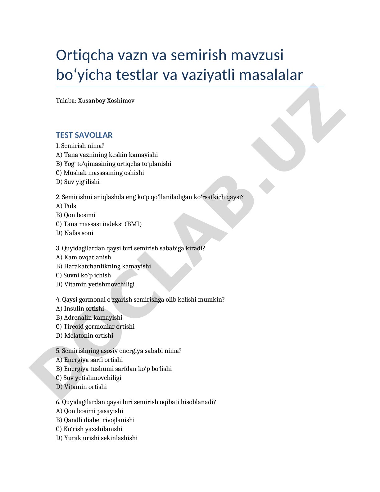 Ortiqcha vazn va semirish mavzusi bo'yicha testlar va vaziyatli masalalar