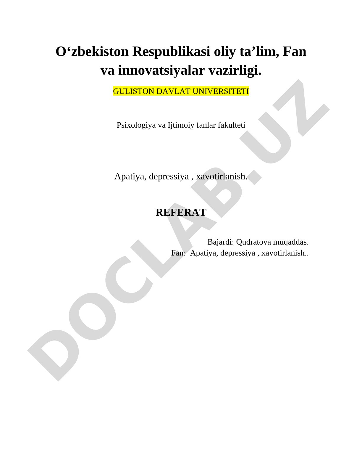 Apatiya, depressiya va xavotirlanishning psixologik jihatlari