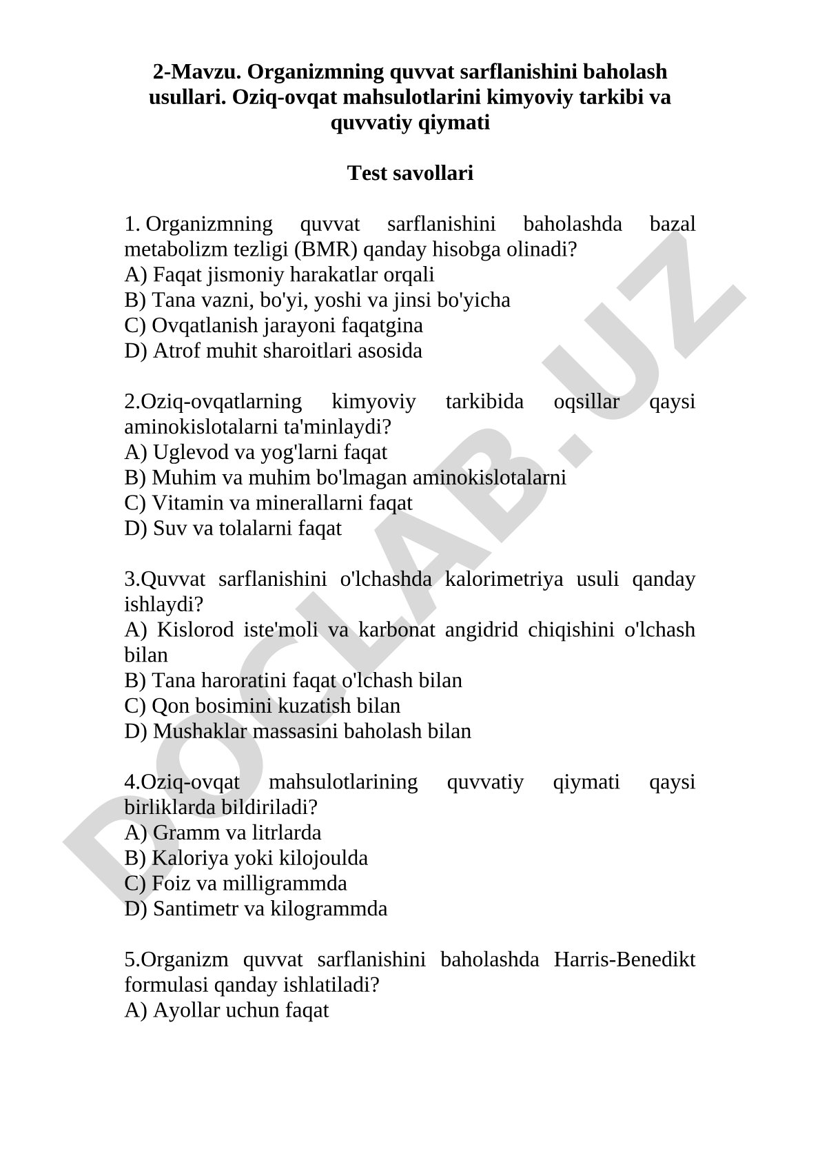 Organizmning quvvat sarflanishini baholash usullari